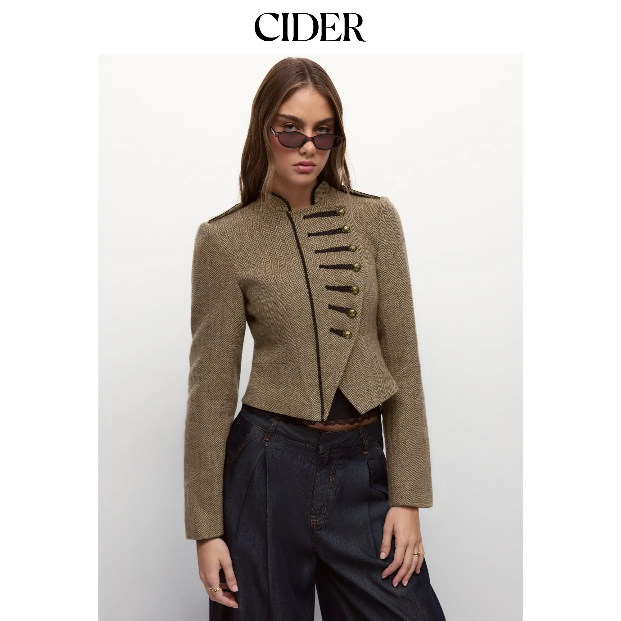 Cider Wool-blend Herringbone Stand Collar Metal Detail Applique Jacket SohoChic
