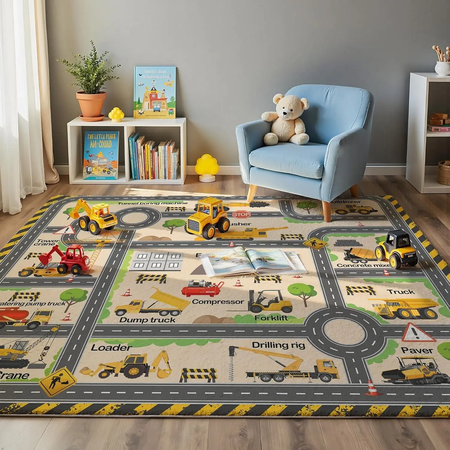 Construction Site Play Rug for Kids - Interactive Engineering Vehicles Faux Wool Carpet with Excavator & Digger Design, Non-Slip Educational Mat for Playroom, Bedroom Gifts (Boys & Girls)