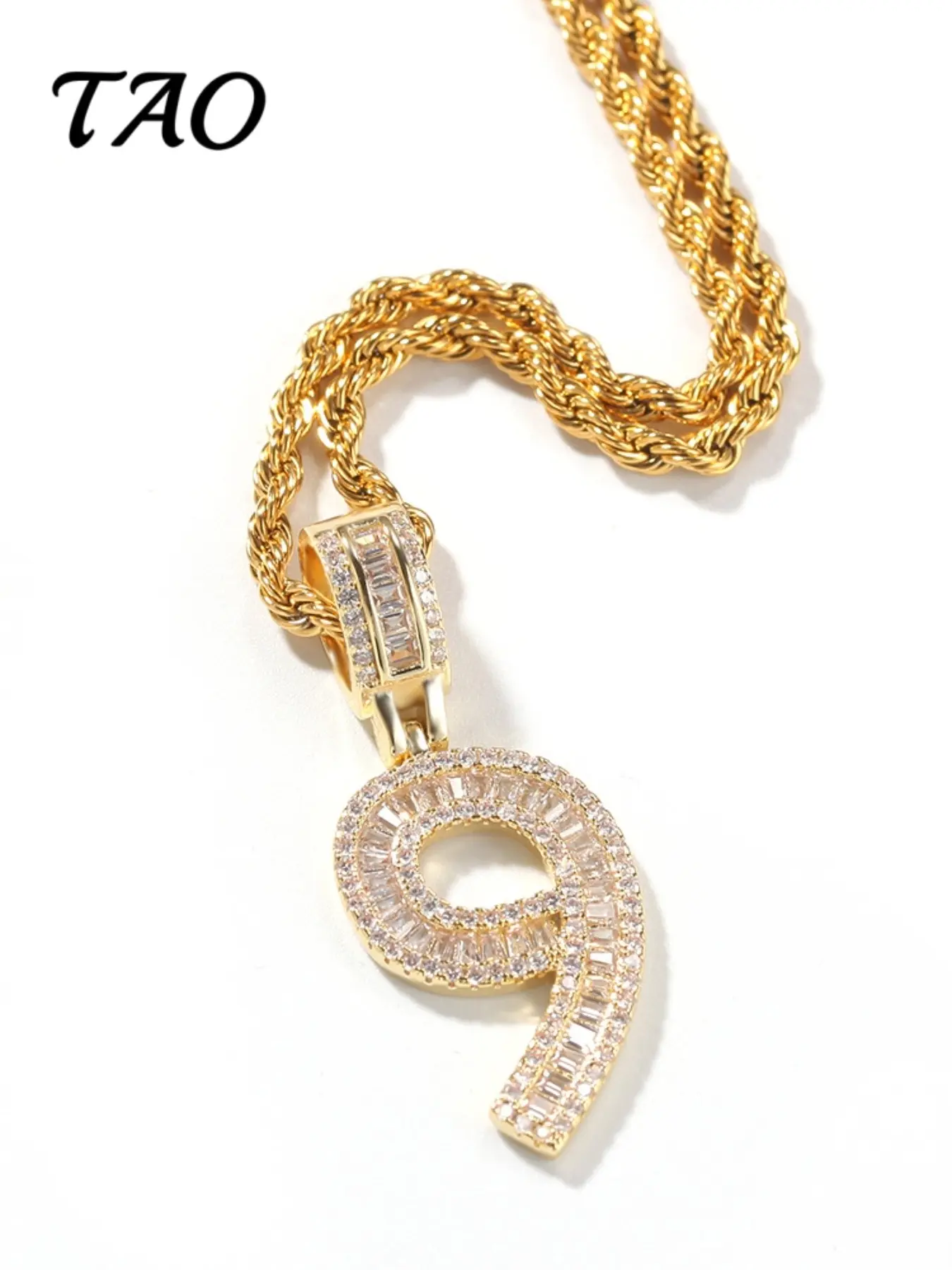 TAO-Luxurious Zircon Jewelry Necklace, Digital 0-9 Pendant, 24-Inch Braided Chain, Hip Hop Style, Stainless Steel, All Seasons, Street Fashion