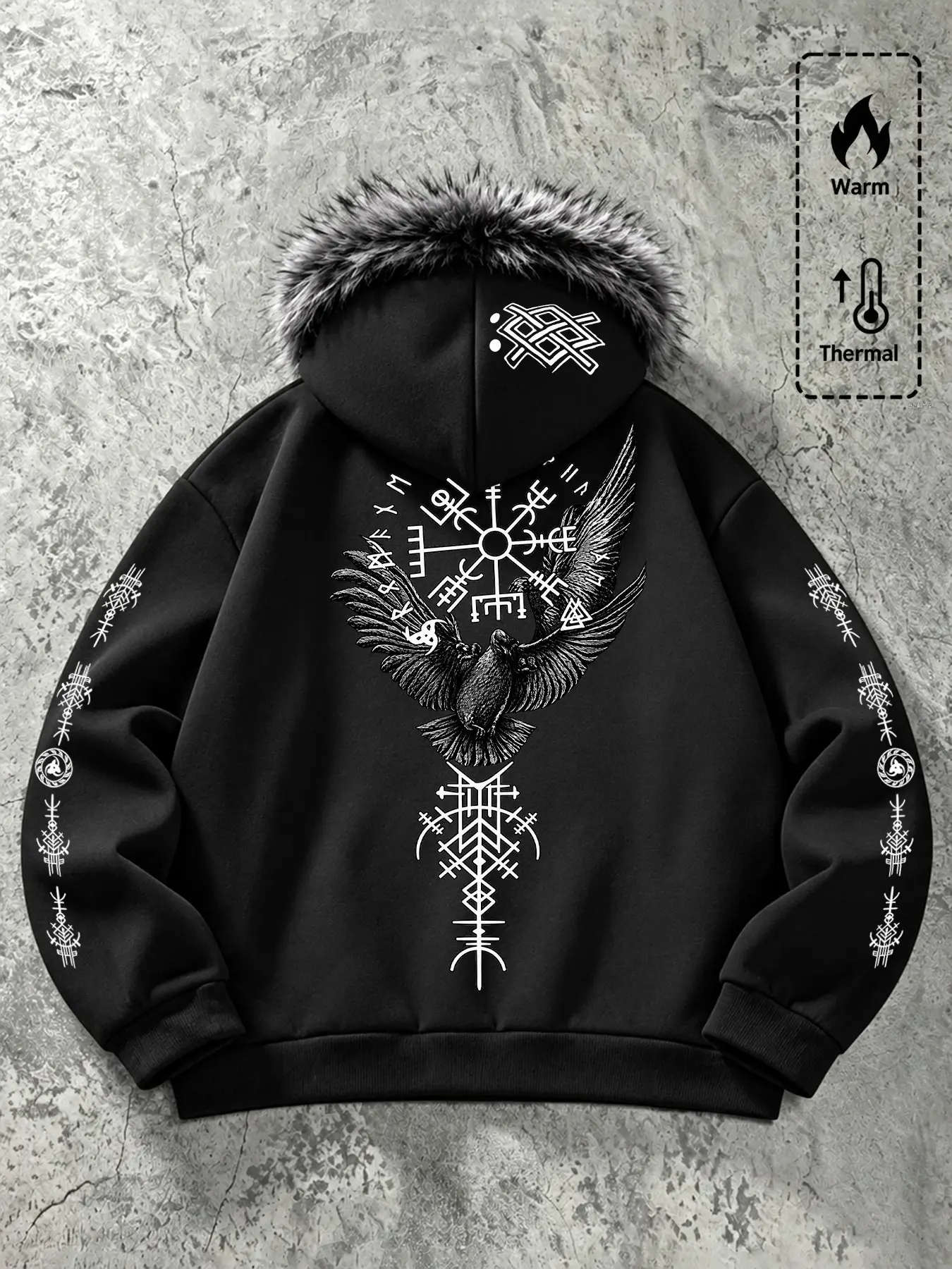 Men's Warm Hooded Zipper Jacket, Norse Viking Raven Rune Print, Loose-Fit Casual Outerwear, Fall Winter Daily Wear, Durable Comfortable Coat