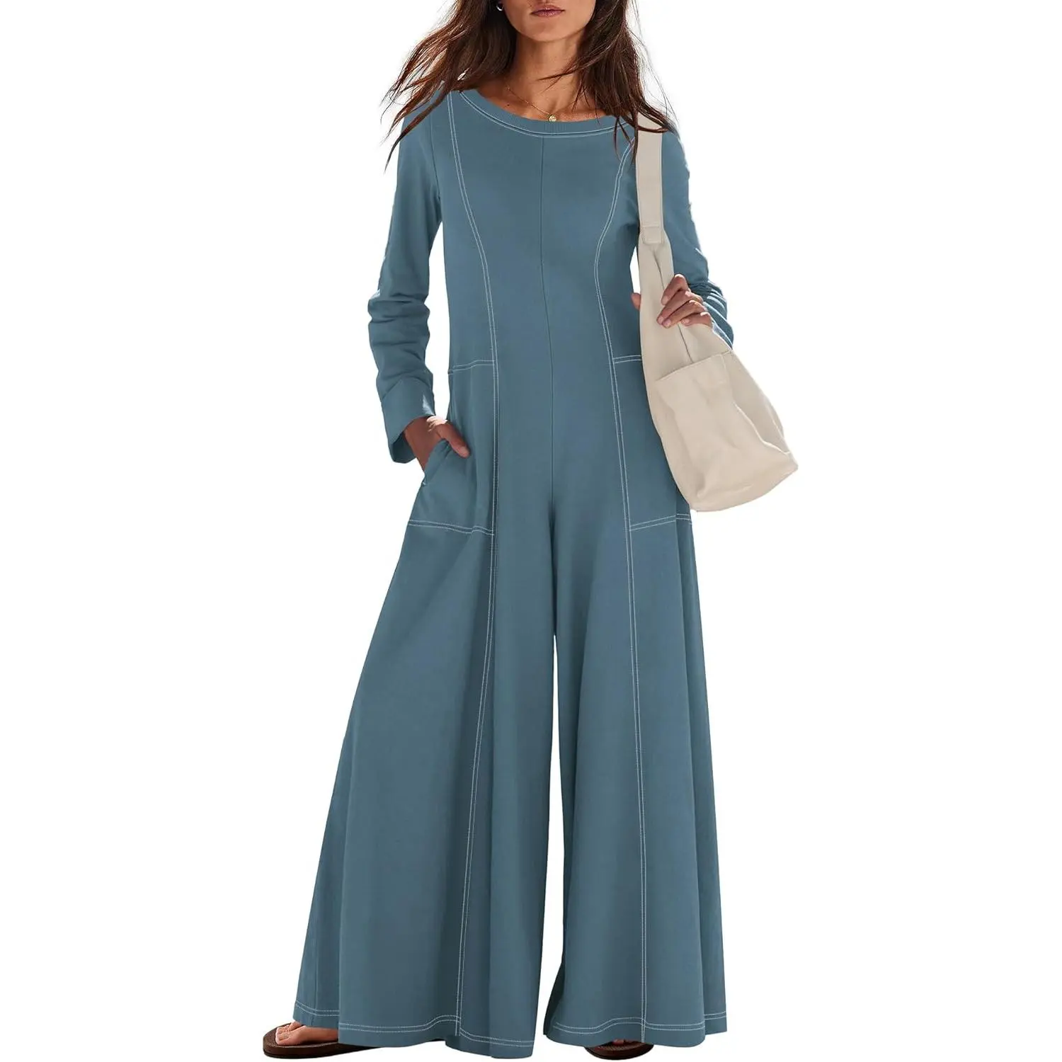 Long Sleeve Wide Leg Jumpsuit One Piece Jumpsuits Casual Romper Spring Travel Outfits with Pockets