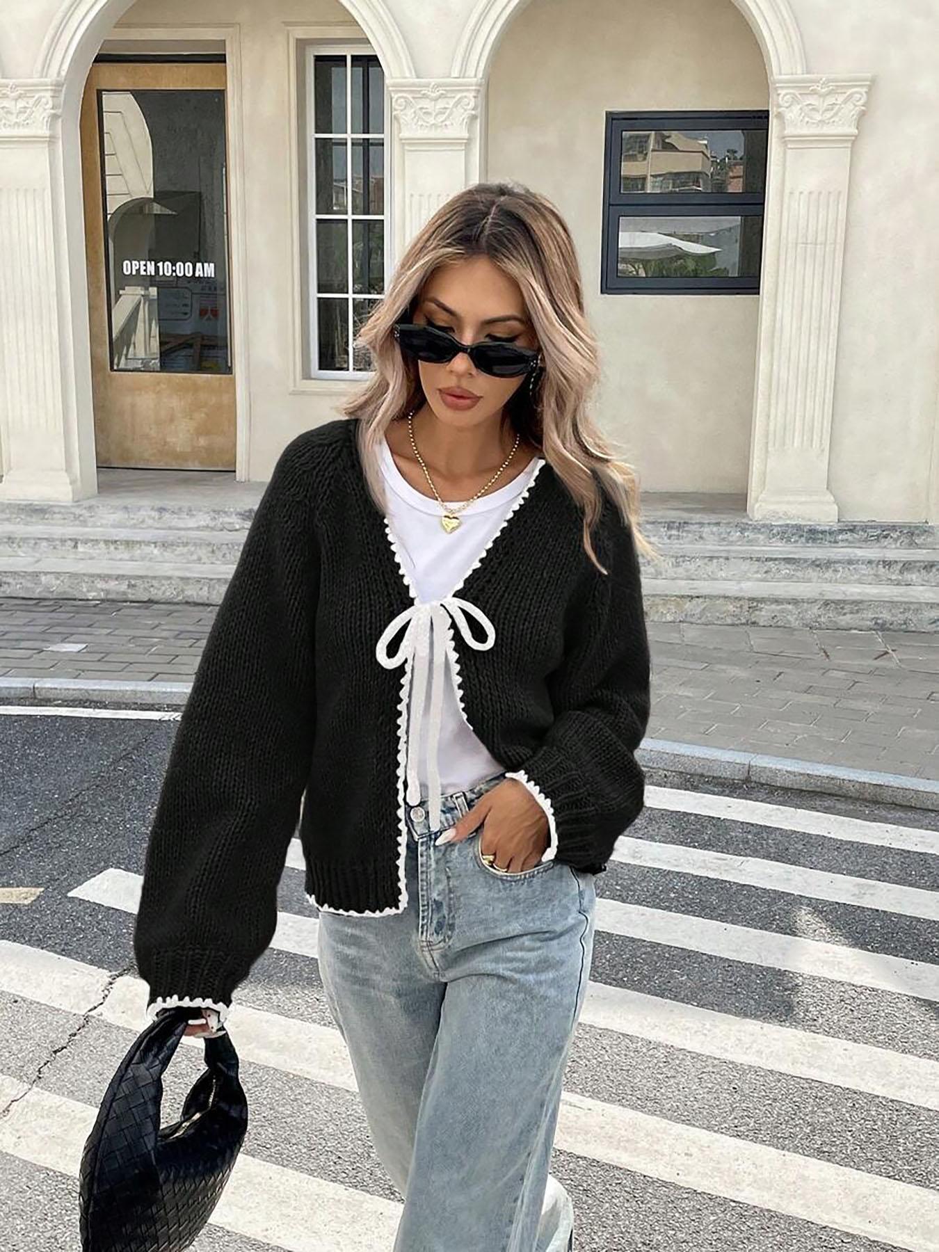 New Contrast Color Knitted Cardigan with Self-Tie Long Sleeves, Stylish Casual Knit Sweater Jacket for Women, Unique Design for Everyday Looks