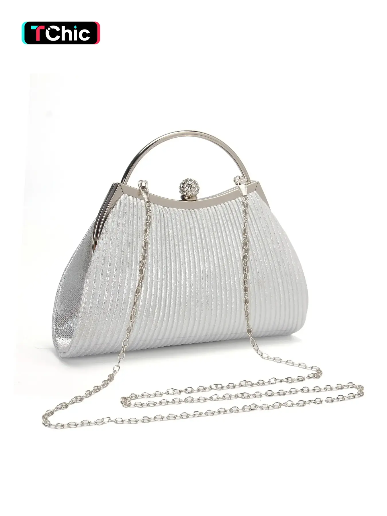 Elegant pleated texture evening clutch handbag, Elegant rhinestone bag, with detachable shoulder strap for crossbody carry, studded round clasp, perfect for weddings, parties, banquets