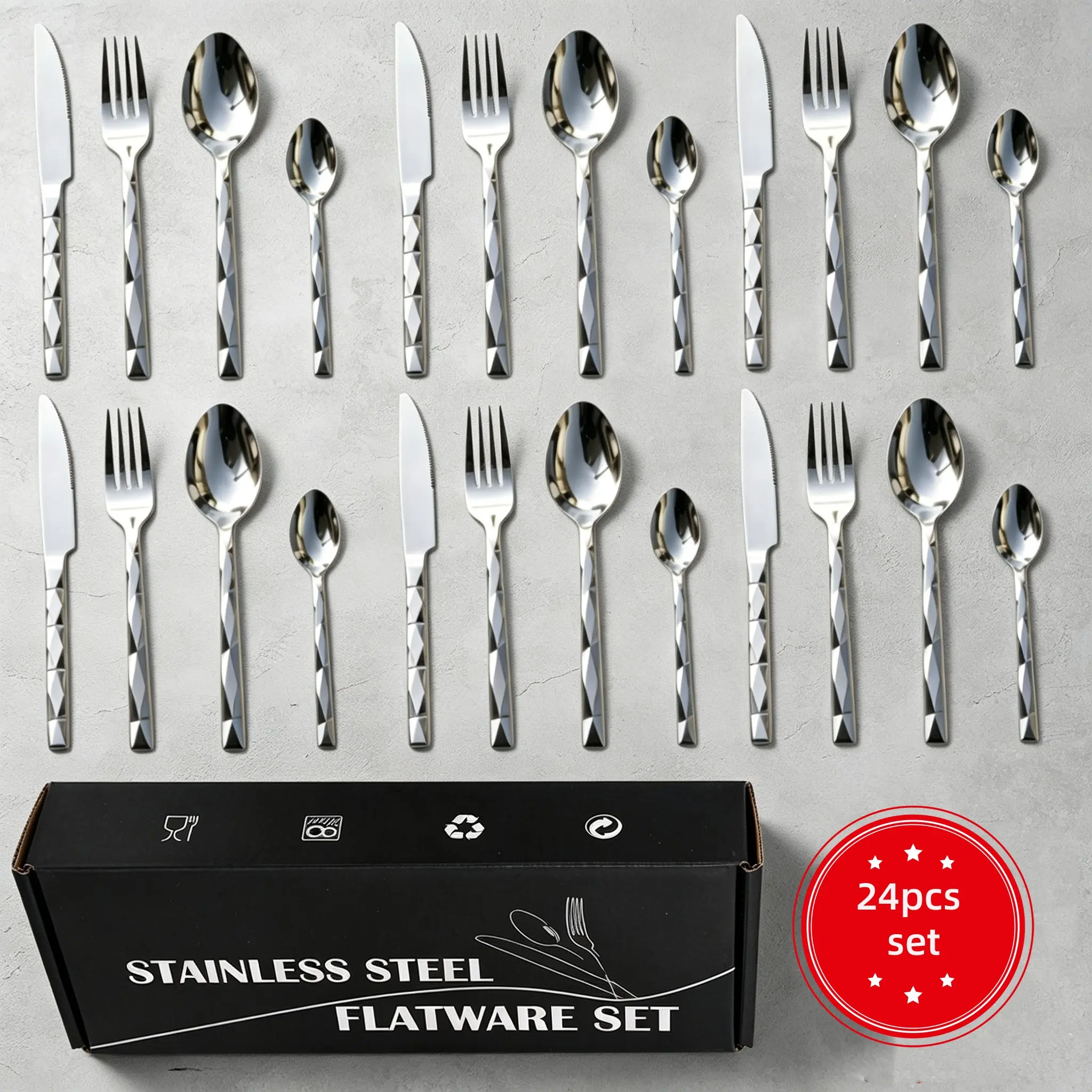24 Piece Stainless Steel Cutlery Set, Thickened Rust-Resistant, Dishwasher Safe, Ideal for Daily Use, Holiday Gifts, Western Meals, Forks Spoons And Knives Set