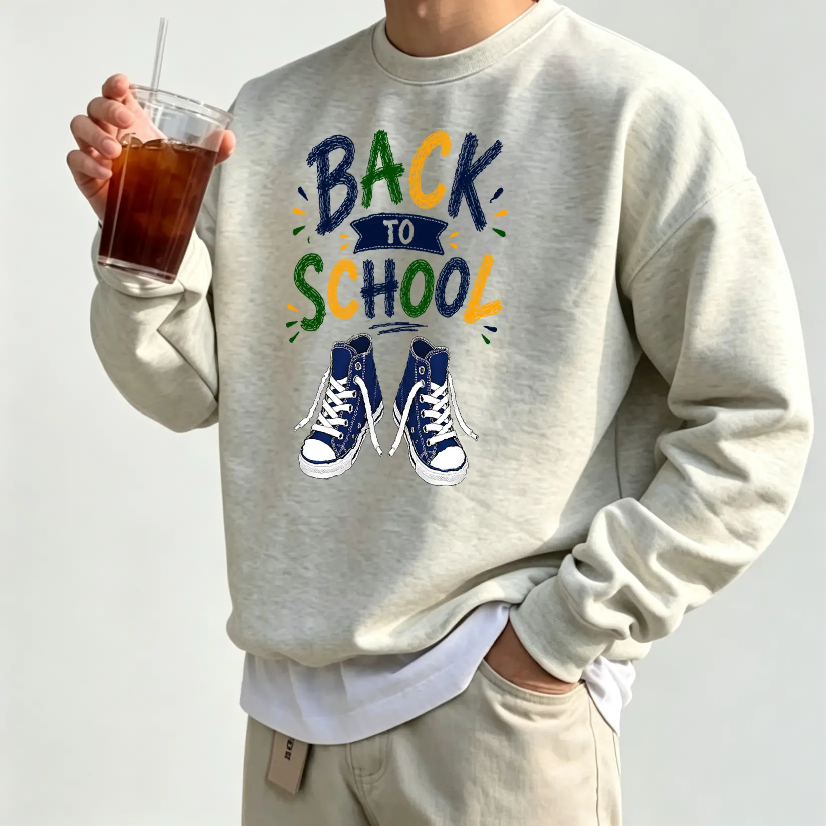 Crewneck Sweatshirt Back To School Sneaker Color Letter Print Casual Streetwear Student Daily Campus Outfit Soft Loose Pullover Gift Idea