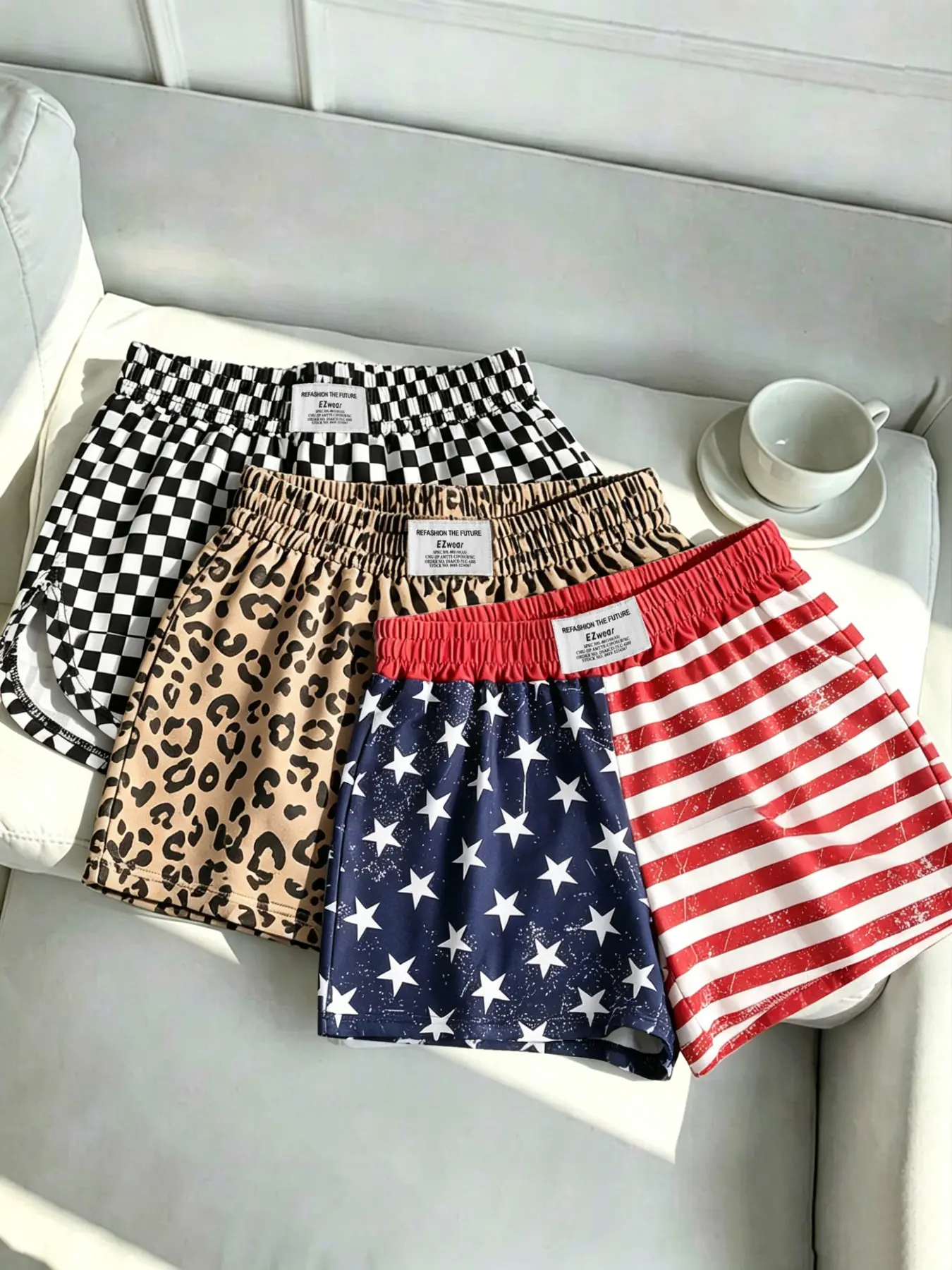 3-Pack Summer New Women's Fashion Full-Print Casual Shorts, Y2K Elastic Waist Boxing Shorts, Loose-Fitting Striped Pattern, Unlined Plain Surface, Elastic Waistband Shorts