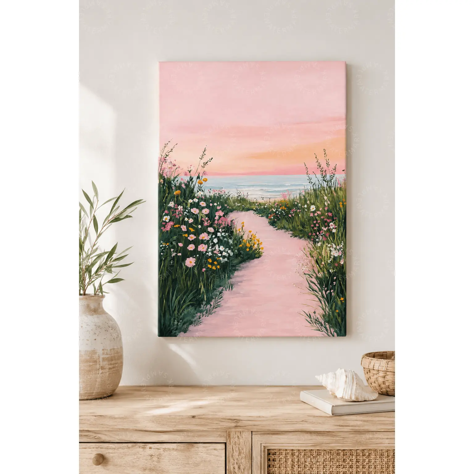 Pink Sunset Coastal Wildflower Wall Art, Beach Path Ocean Landscape Aesthetic Poster, Cottagecore Floral Canvas Print, Bedroom Wall Decor, Living Room Art, Coastal Home Office Gift