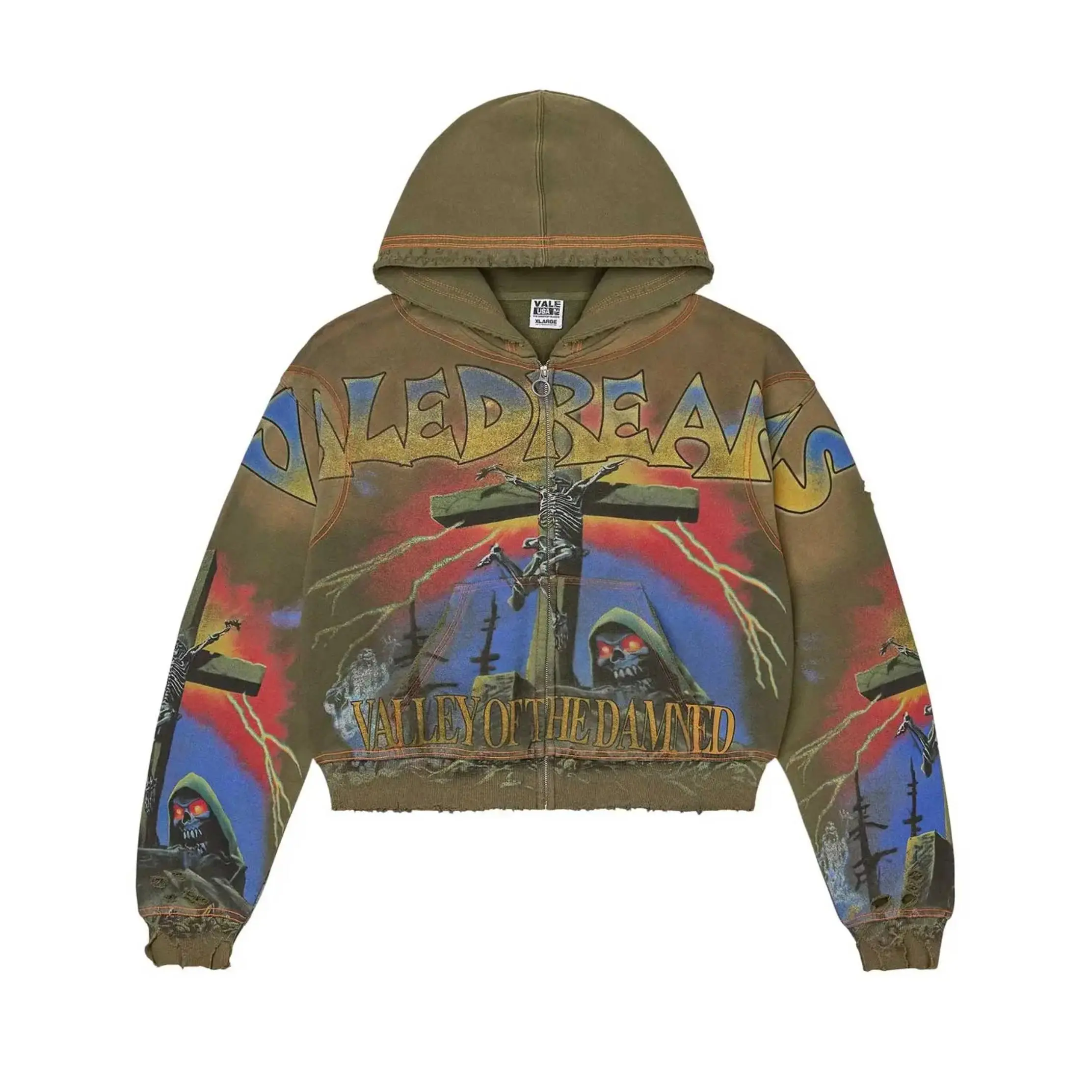 VALE Valley Dreams Skeleton Graphic Zip Up Hoodie 100% Cotton Loose Oversized Y2K Vintage Wash Printed Hooded Sweatshirt Autumn Winter Streetwear Jacket Top Men Women Unisex,back to school,back to school haul