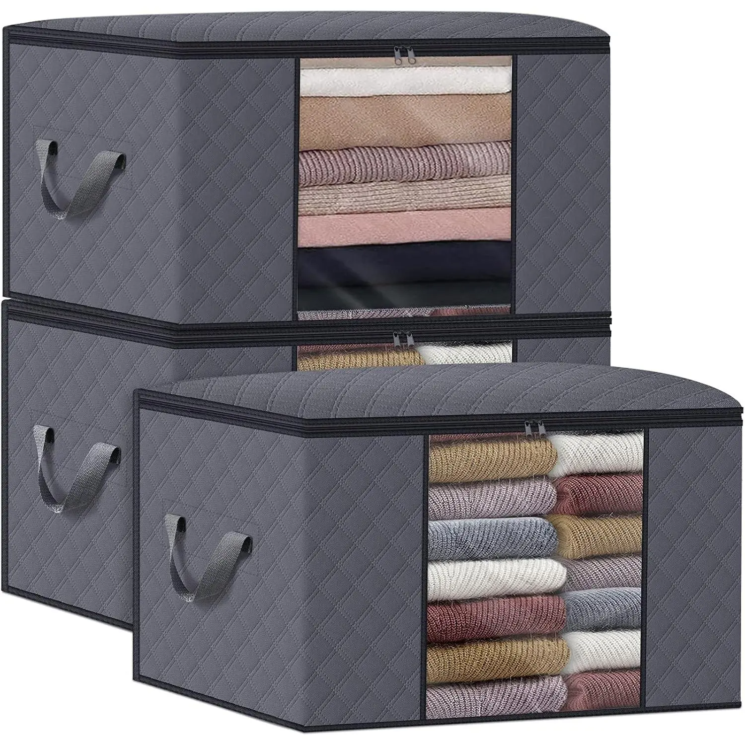 Clothes Storage Bags 100L [3 Pack ], Large Capacity Blanket Storage Containers Organizers for Comforters,Bedding,Clothing,Foldable 3 Layer Fabric,Sturdy Zippers,Clear Window,Grey