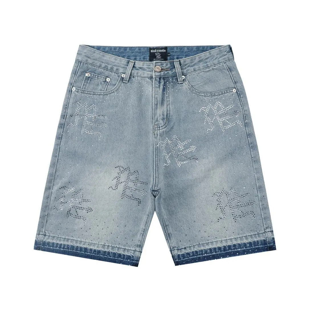 Men's Oversized Vintage Baggy Denim Jorts - Retro Streetwear with Rhinestone Logo, Soft Knee-Length Athletic Wide-Leg Bottoms, Machine Washable for Music Festivals