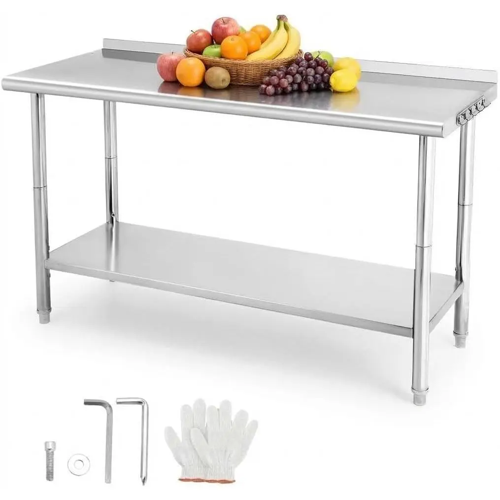Stainless Steel Prep Table 60x24x35 Inch, NSF Commercial Work Table with Backsplash & Adjustable Undershelf, Heavy Duty Load Bearing Utility Worktable with Leveling Feet for Restaurant, Commercial Kitchen, Home Garage and Workshop Use