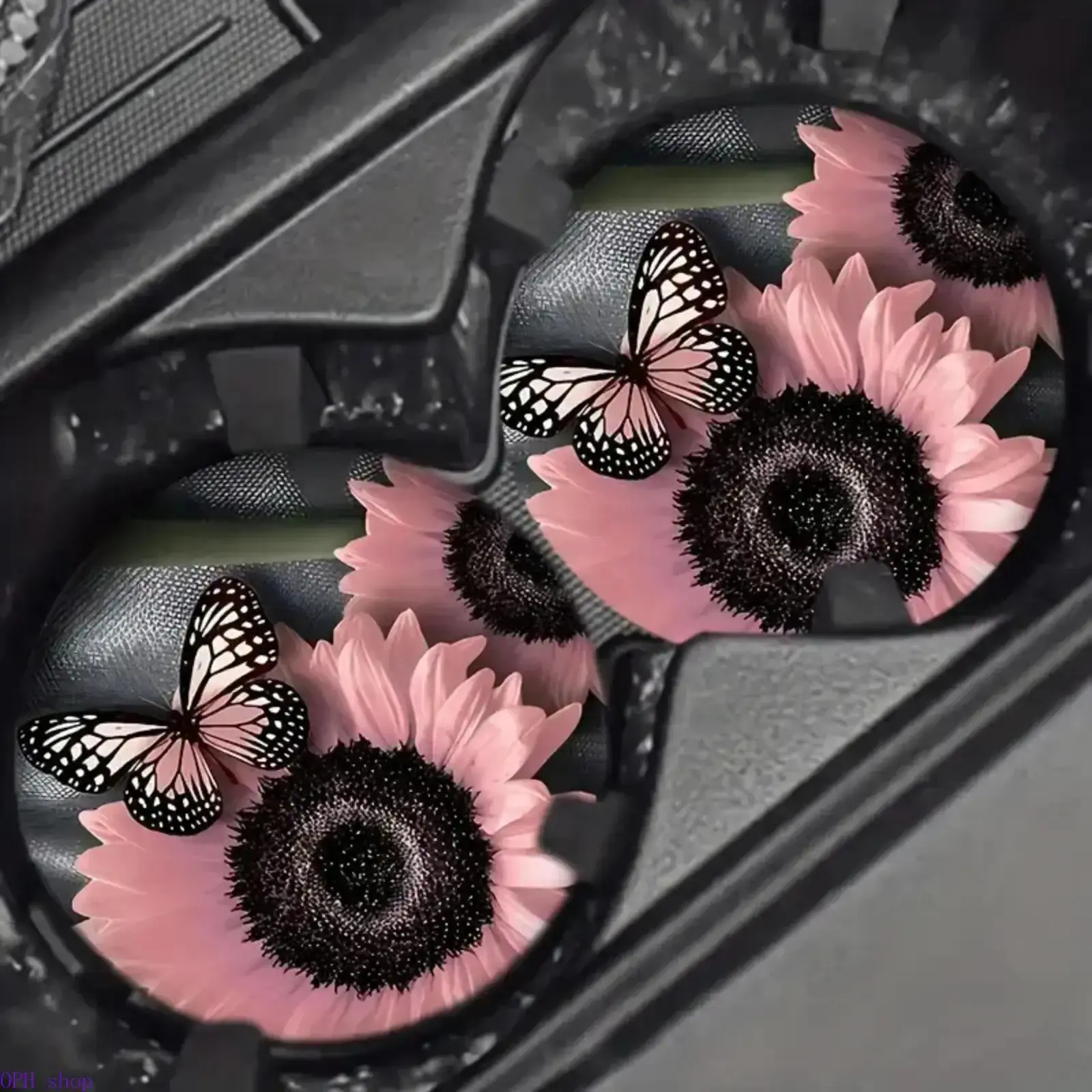 2-Pack Pink Sunflower Monarch Butterfly Rubber Car Cup Holder Coasters, Absorbent Anti-Slip Cup Mats, Trendy Aesthetic Auto Decor Gift for Girls, Car Accessories, Accessories For Car