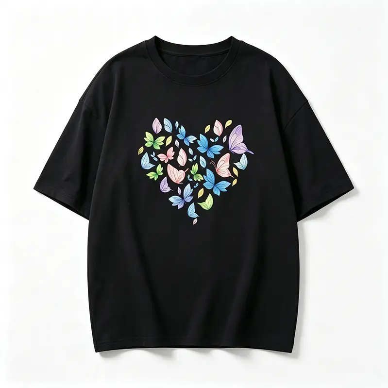 Women's Pastel Rainbow Butterfly Heart Graphic Tee - Casual Short-Sleeve Round Neck Oversized Style Fit T-Shirt for Home Use