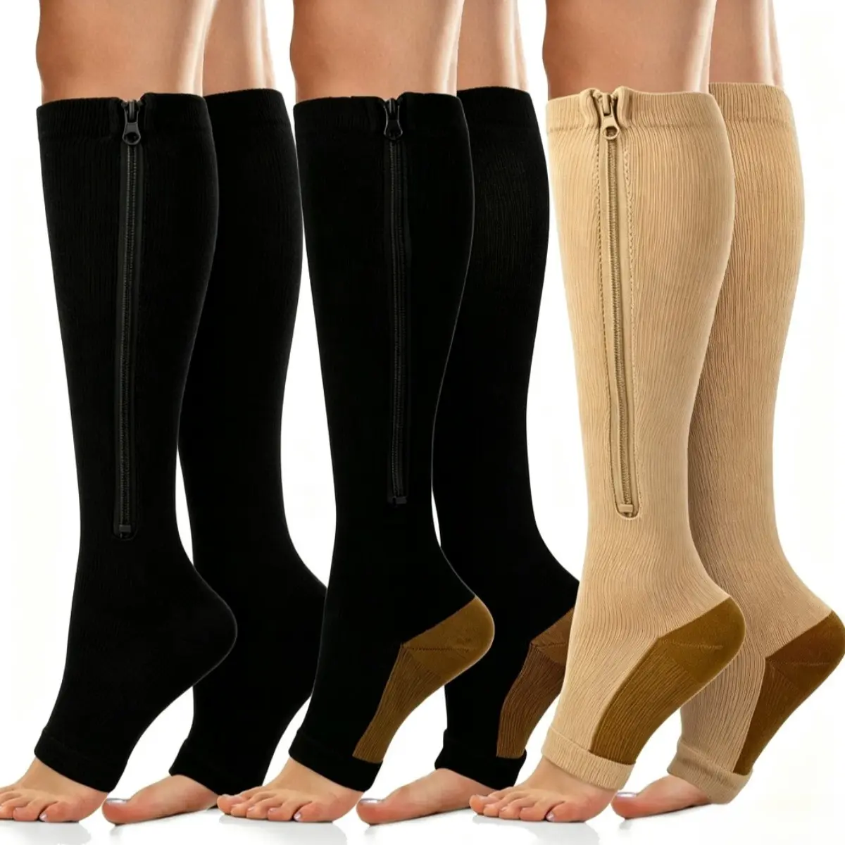 Compression Socks Zipper Knee High Socks for Women Men Running Sports Socks Daily Wear Long Socks Comfortable Stretch Socks 3 Pairs Athletic Casual Socks Easy on Off