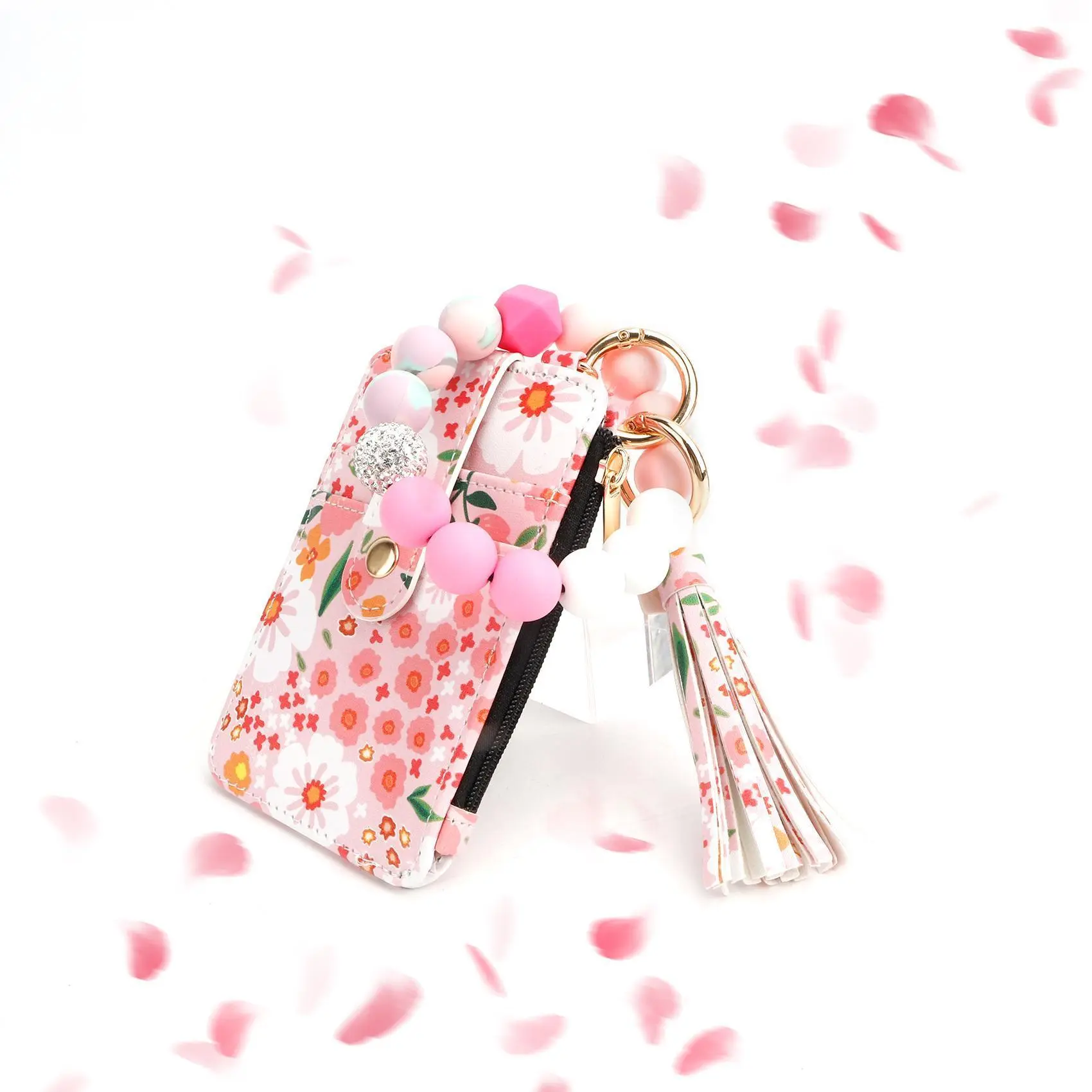 Boho Keychain Wristlet Strap for Women, Silicone Beaded Bracelet with Tassel, Leather Card Holder Wallet & Lipstick Sleeve