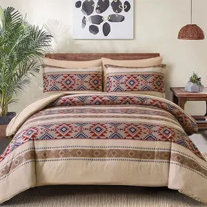 King Size Comforter Set 7 Pieces Light Khaki Brown Farmhouse Bedding Comforter Set, Boho Aztec Bed in a Bag Soft Microfiber Bed Set with Sheets, Pillowcases & Shams