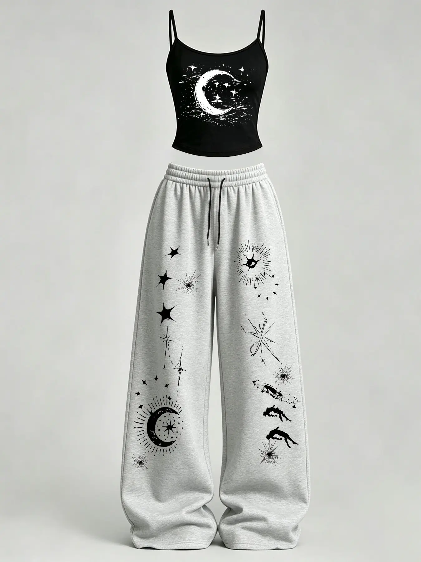 Women's Casual Home Wear Set, Star Moon Print Slim Fit Tank Top + Loose Pants, Y2K Street Style, Daily Commute, Campus, Home Relax, Baggy
