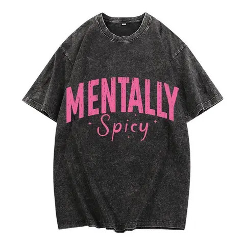 Women's Chic Cute Washed Cotton Loose Short-Sleeve "Mentally Spicy" Graphic Tee - Breathable Biker Casual Top for New Year, Party, Everyday Use