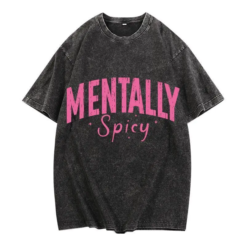 Women's Chic Cute Washed Cotton Loose Short-Sleeve "Mentally Spicy" Graphic Tee - Breathable Biker Casual Top for New Year, Party, Everyday Use