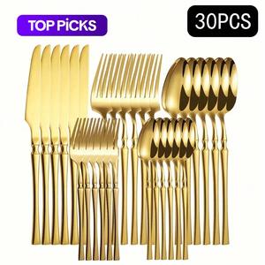 stainless steel cutlery set, 30pcs/set including knife, fork, spoon, dessert spoon, dessert fork, perfect for home & restaurant use, dinnerware sets, dinnerware service set, kitchenware utensils, tableware set