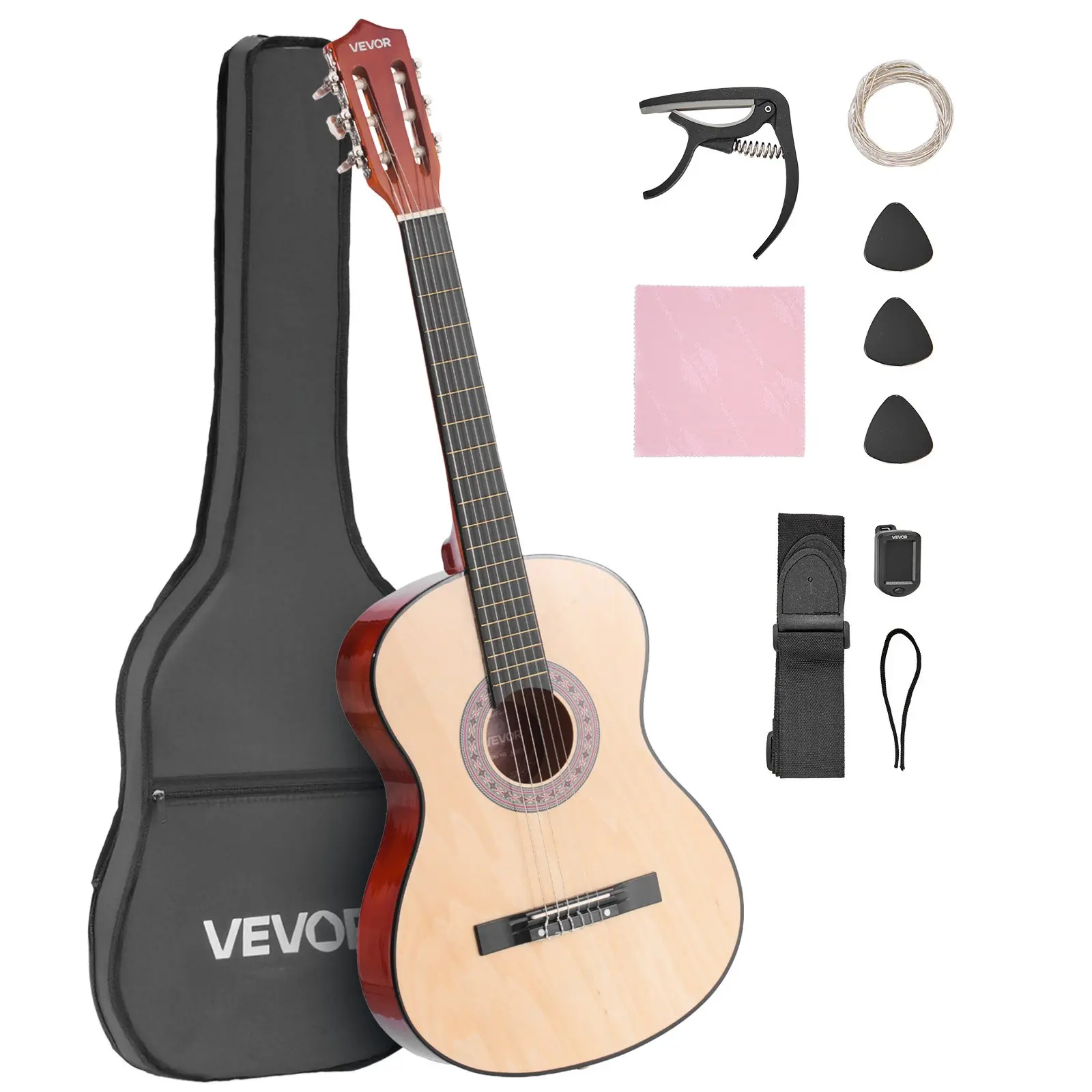 Classical Guitar, 38 Inch, Wood Classical Guitar Starter Kit for Beginners, with Nylon Strings, Gig Bag, Strap, Tuner, Extra Strings, Pick, Capo, Basswood, for Teenagers Adults Students, Natural