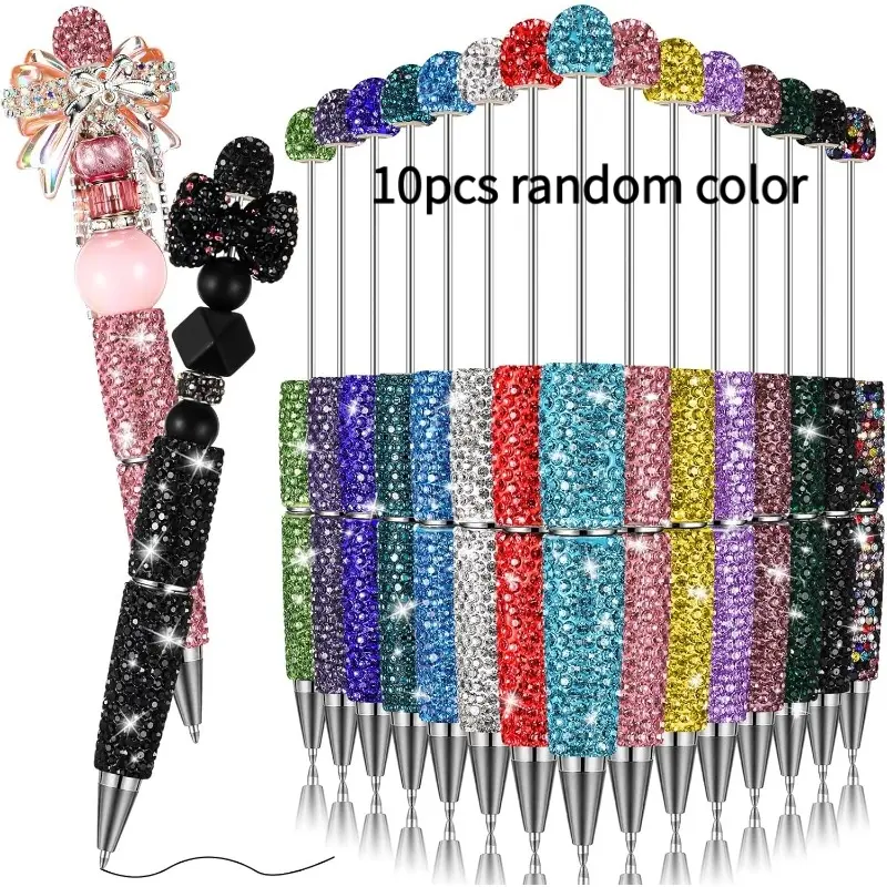 10pcs random color shiny bead pens, inlaid with rhinestones, very suitable for making diamond pens. Cute ballpoint pen, suitable for diaries and creative projects, featuring a full diamond design