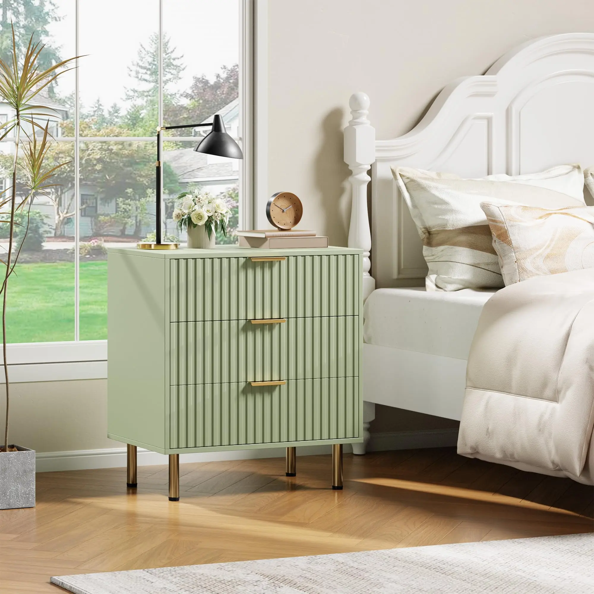 3 Drawer Dresser – Wide Chest with Deep Storage – Wooden bedside table Side Table – Spacious Organizer for Bedroom, Living Room, Hallway, Nursery – Green/White/Black/Grey/Wood