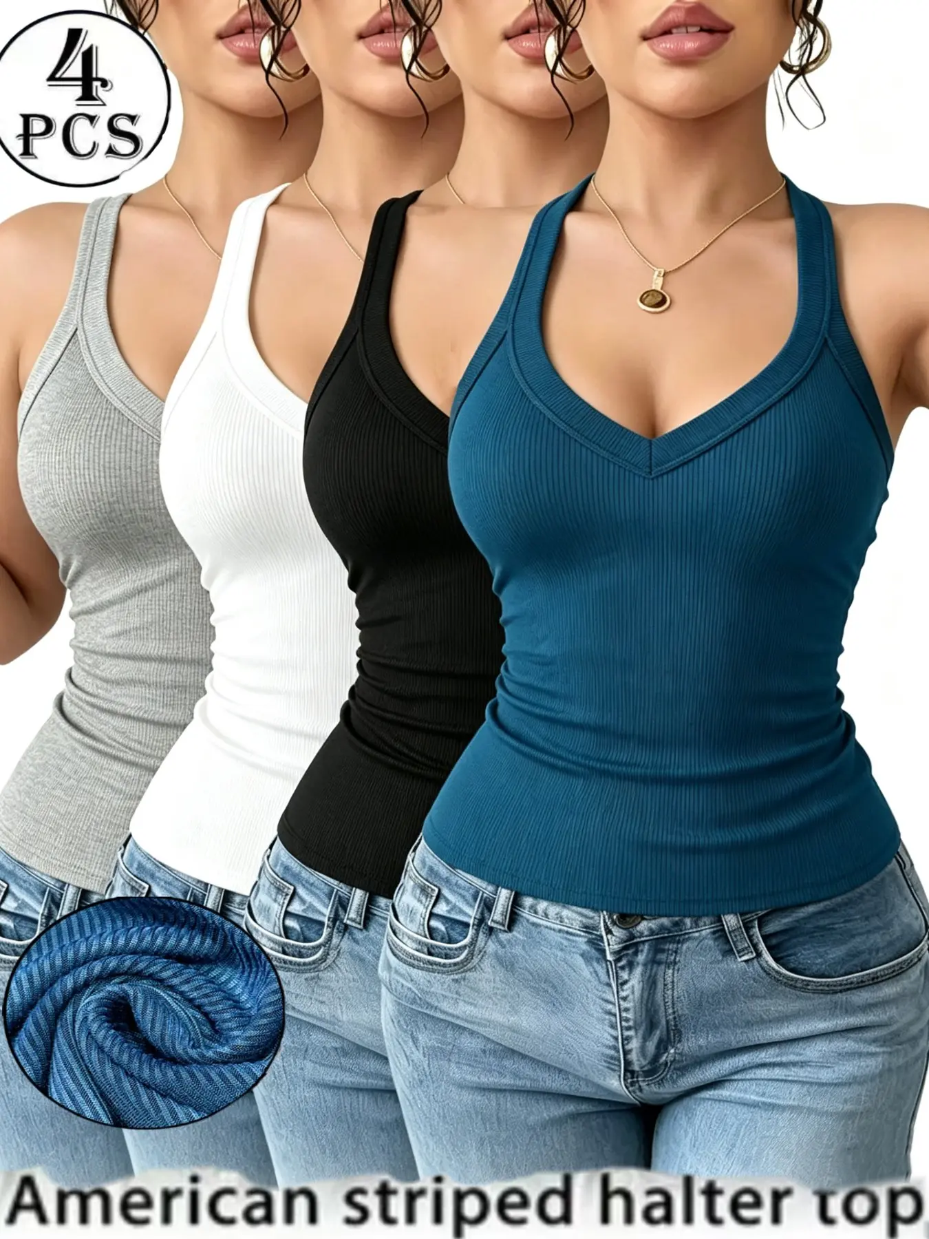 4 Pack American Style Sports Fitness TankTops for Women, Ribbed Slim Fit V NeckHalter Neckline Sexy Top, VersatileSleeveless Underwear