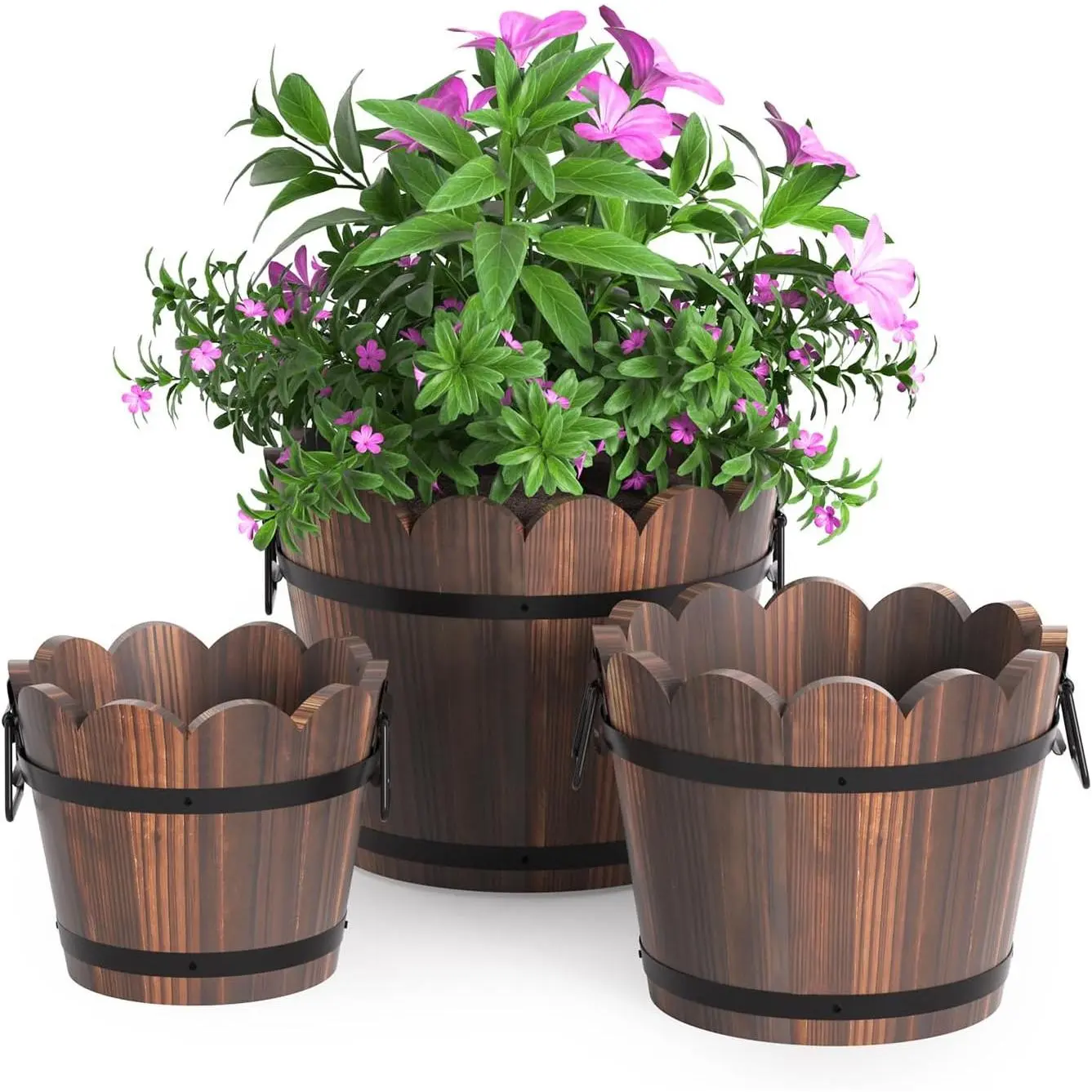 Wooden Bucket Barrel Planters, Rustic Patio Planters Flower Pots for  Indoor Décor, Set of 3