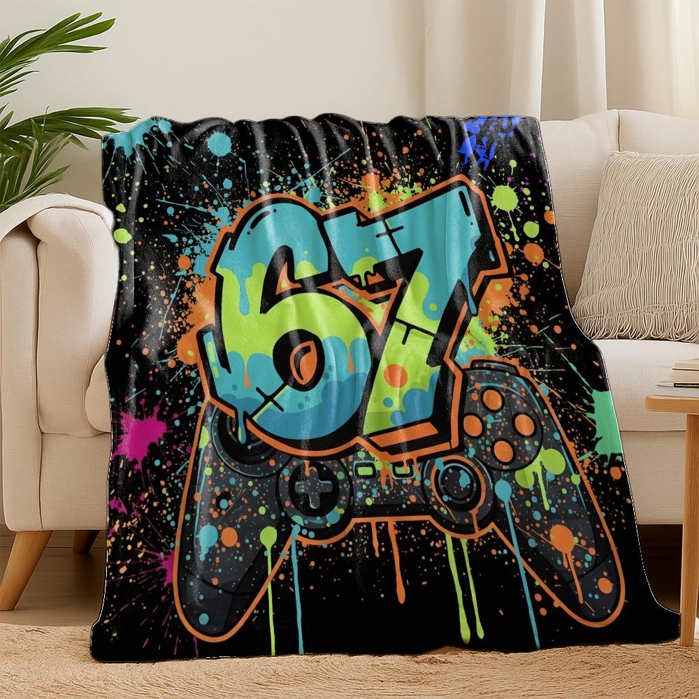 2D Flat Printing 1pc  Brightly colored graffiti-style handle with numbers 67 Pattern Printed  Blanket Flannel Fleece All Season Light Weight Living Room/Bedroom Warm Blanket