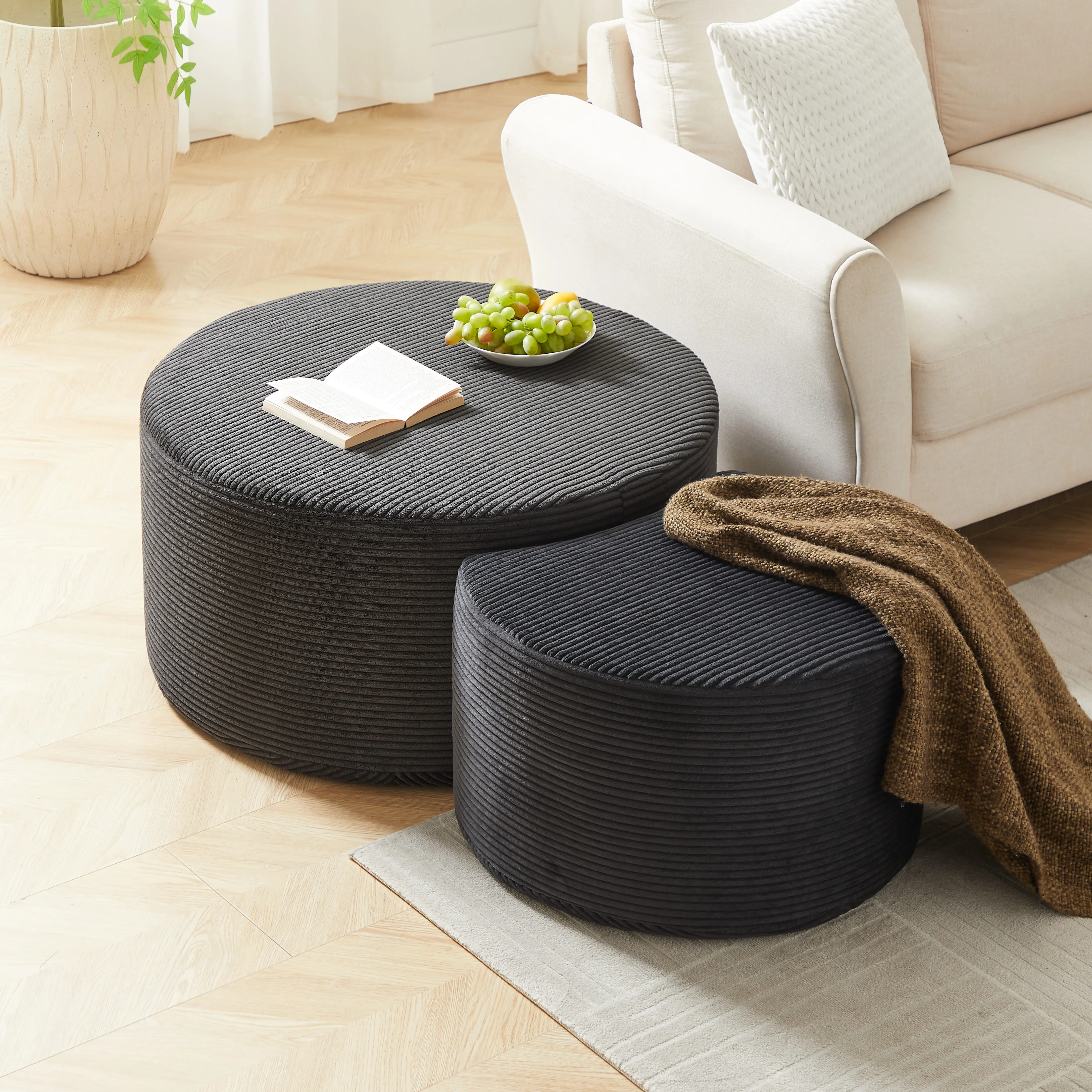 ARCH Nesting Coffee Table Set of 2 Upholstered Round Ottoman Tables for Living Room Modern Foam Corduroy Side Table End Table Ottoman No Assembly Black, Black Color Options, Corduroy Material, Product Dimensions: Not Applicable W x Not Applicable D