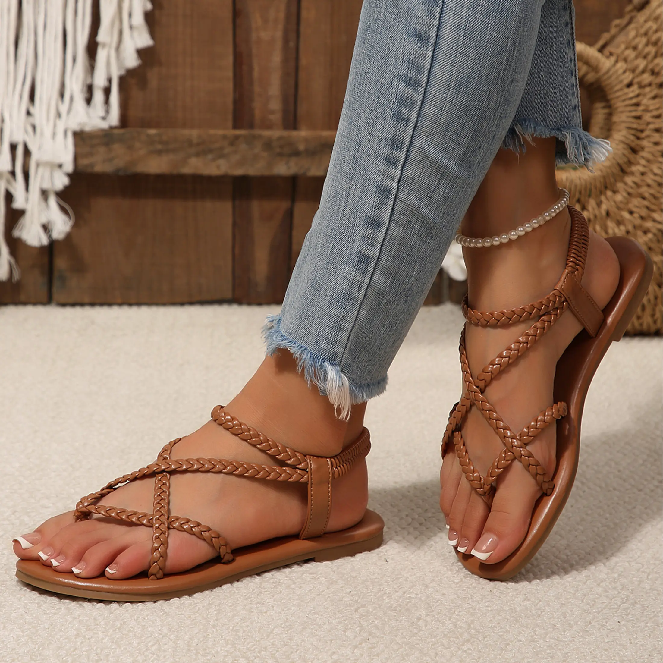 Strappy Sandals for Women Dressy Summer Open Toe Ankle Strap Flat Sandals Slip On Beach Vacation Braided Sandal 2026 Spring Shoes