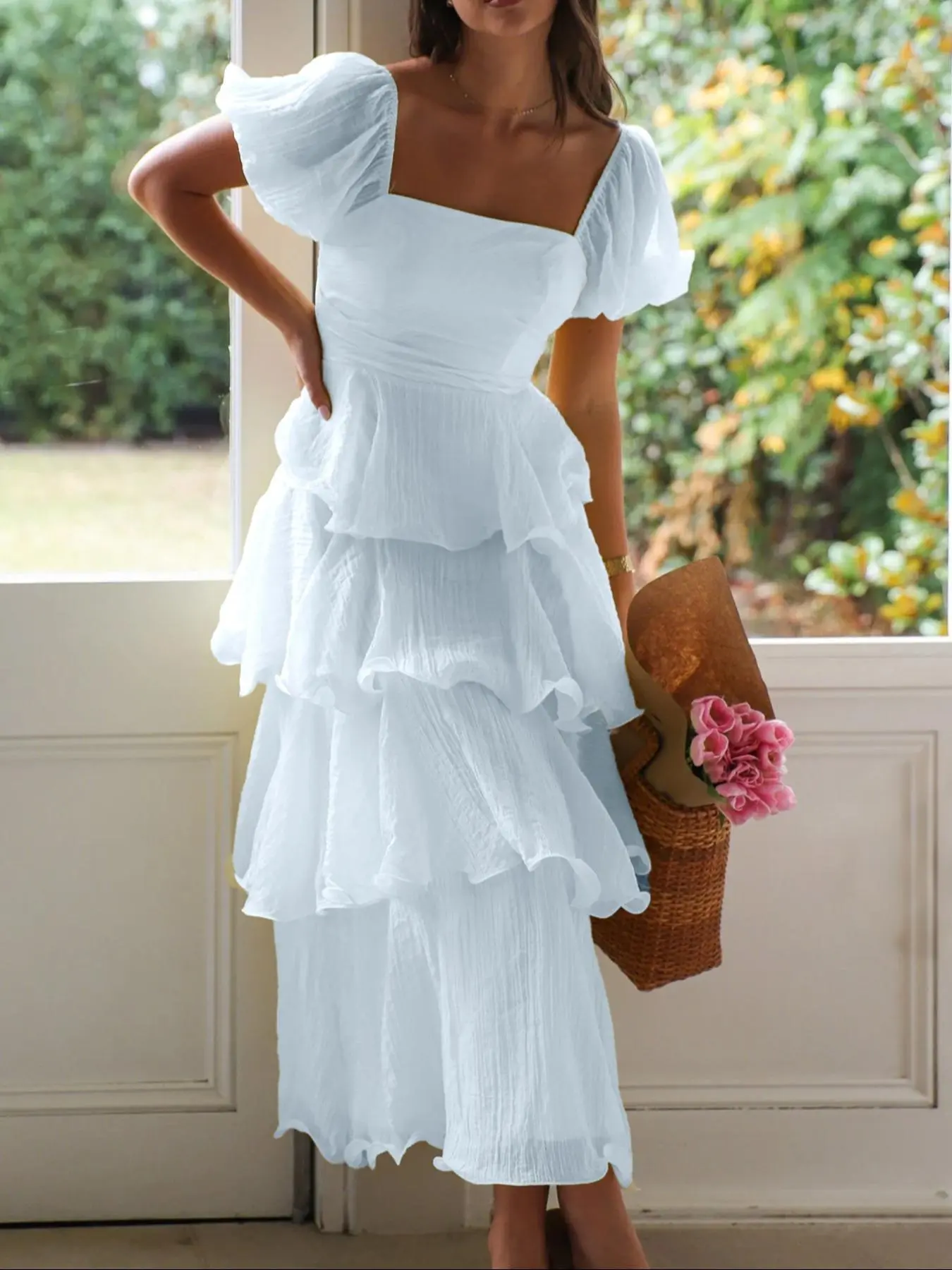 Elegant French Style Square Neck Bubble Sleeve Backless Layered Midi Dress, Casual Fitted Plain Design, Perfect for Vacation Wear - TikTok Shop Elegant French Style Square Neck Bubble Sleeve Backless Layered Midi Dress, Casual Fitted Plain Design, Perfect for Vacation Wear - TikTok Shop