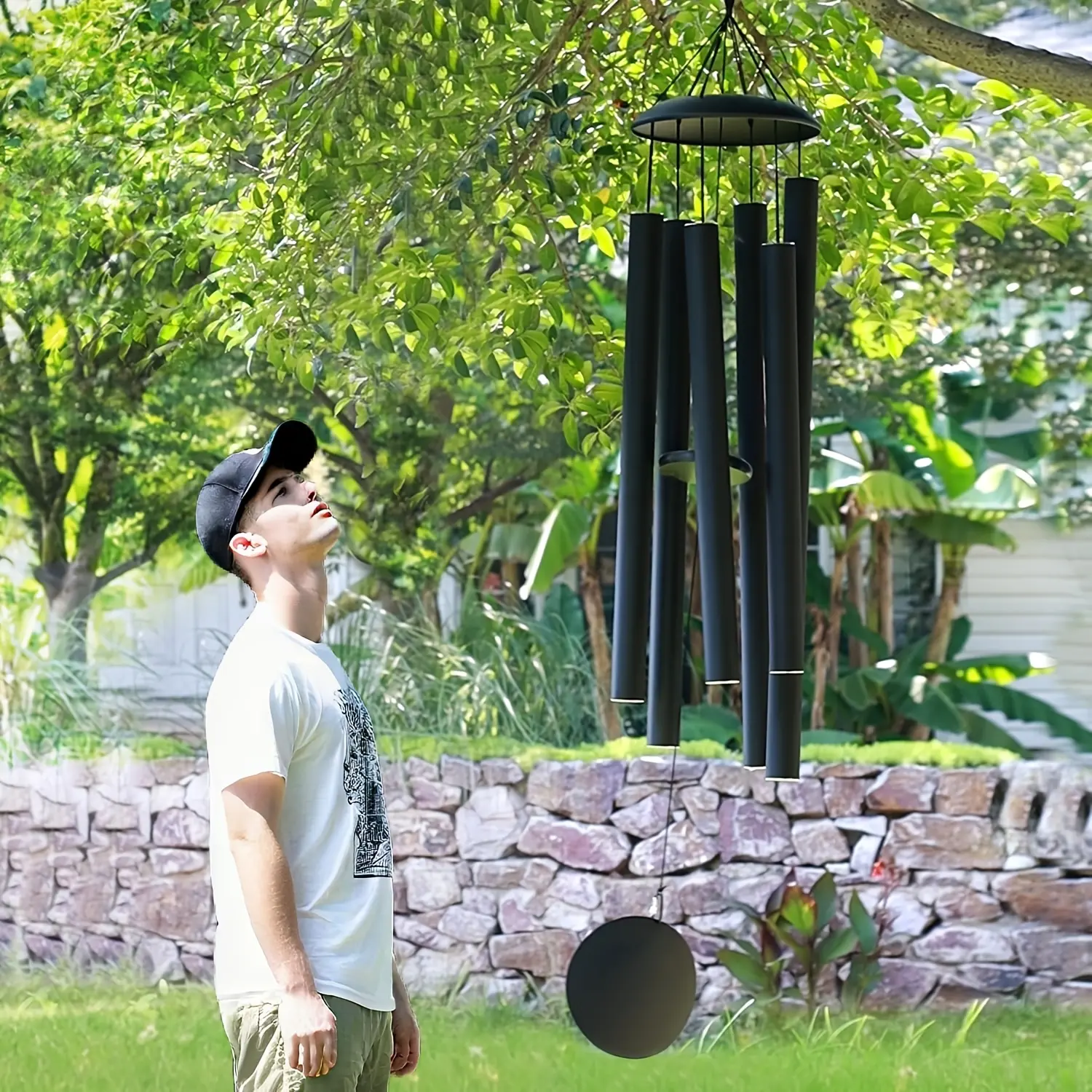 Big Outdoor Wind Chime Heavy Gauge Metal for Garden Patio Decoration Rich Low Pitch Tone Rust Proof Thick Tubing Sleek Black Aesthetic