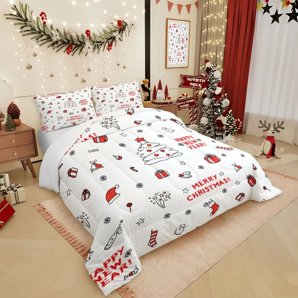 2/3Pcs Christmas Comforter Set, Festive Holiday Quilt Bedding Set with Pillowcase, Merry Christmas & New Year Print, Soft Lightweight Bedspread for Bedroom Home Decor, No Pillow Core