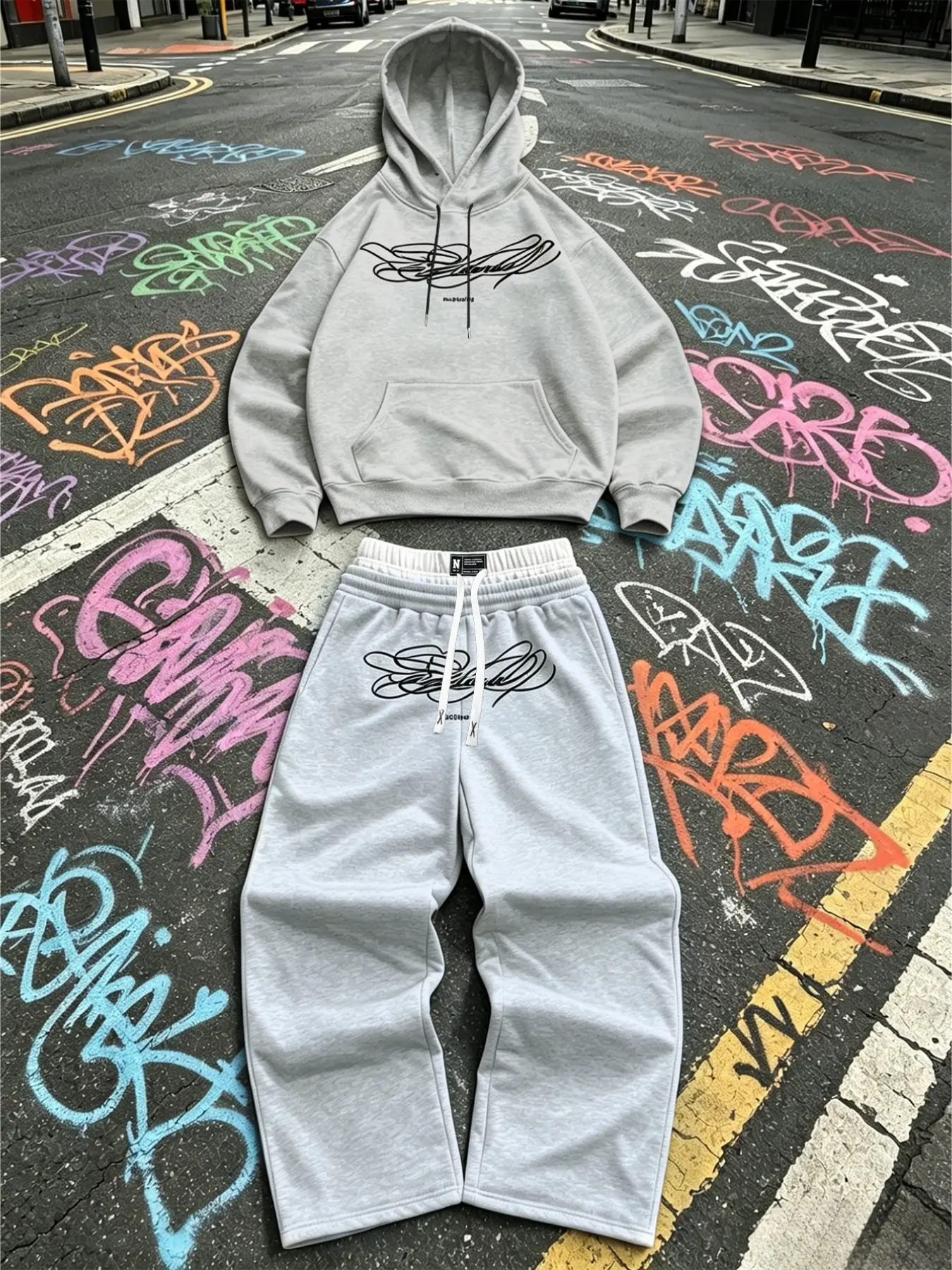 Men 2 Piece Graffiti Signature Print Casual Tracksuit Black Oversized Hoodie & Wide Leg Jogger Matching Set, Hoodie Sweatsuit Set, Soft Heavyweight Fleece Wrinkle Resistant Loose Fit Hip Hop Skater Streetwear For Skateboarding College Campus Urban