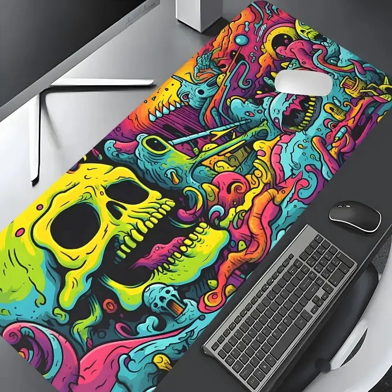 Psychedelic Neon Grotesque Skull Design Large Gaming Mouse Pad, Washable Rubber Non-Slip Lock Edge Multi-Size Mouse Pad, Desk Accessories For Home Office, Desk Gadgets, Gaming Desk Accessory, Perfect for Halloween