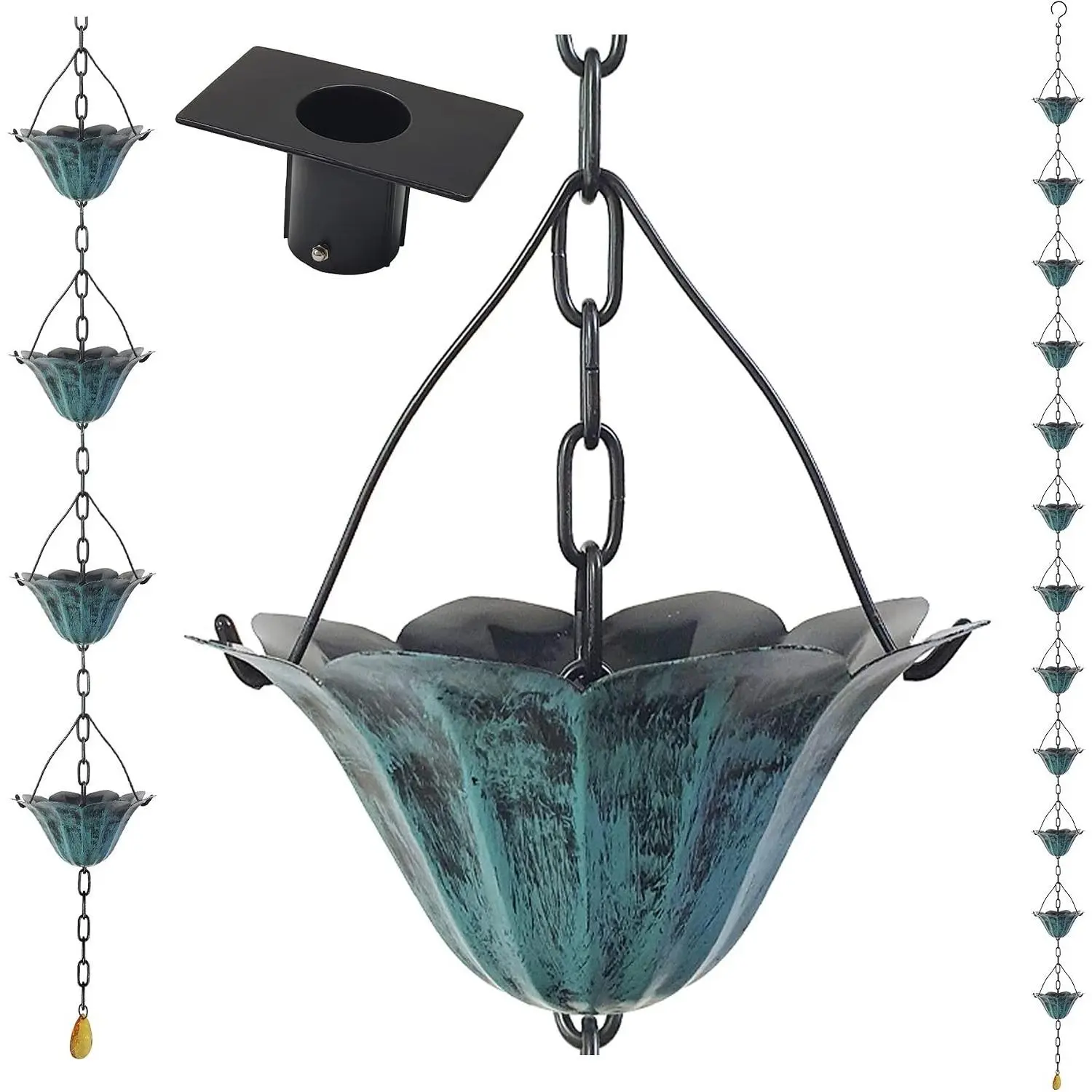 8.5FT Antique Blue Iron Rust-Resistant Plated Rain Chains for Gutter and Rain Barrel, Decorative Garden Rain Chain for Downspout with Bonus Gutter Adapter