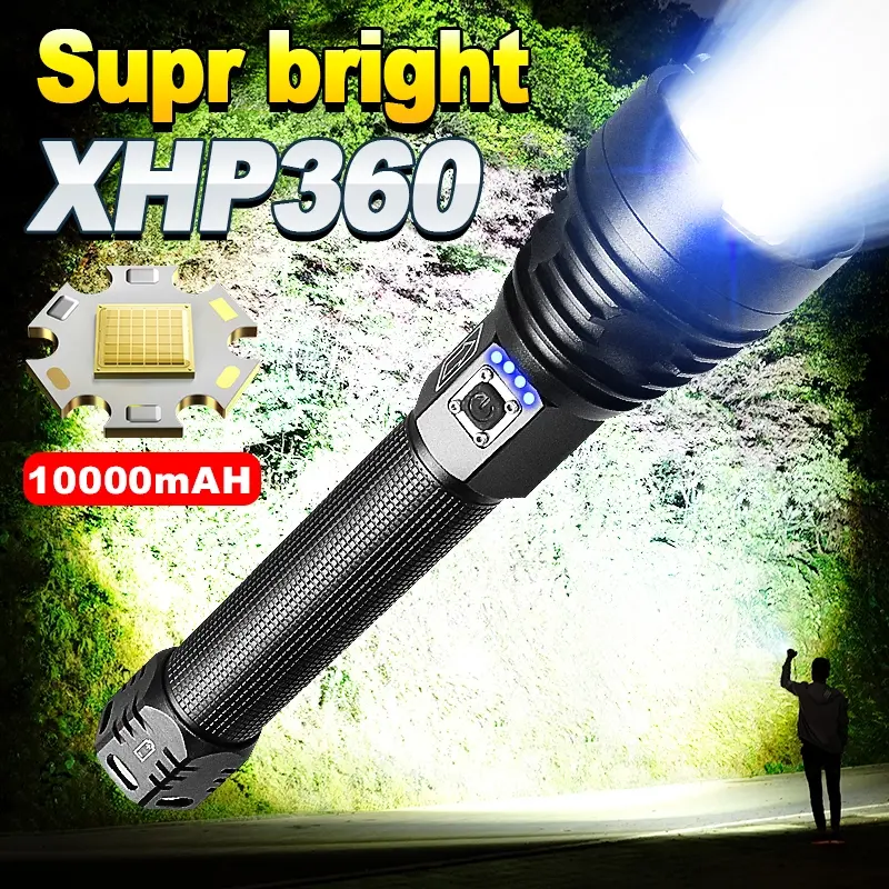 3800 Lumen High-power LED flashlight, 10000mAH rechargeable strong light torch, zoomable, ultra-bright handheld flashlight, suitable for patrol, search and rescue, hiking, emergency lighting