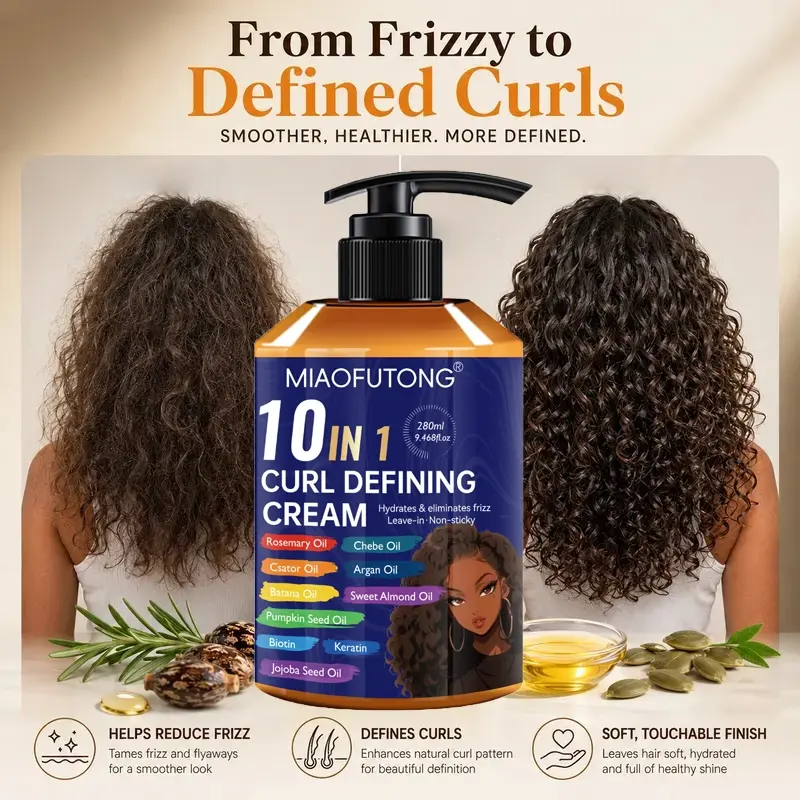 10-in-1 Curl Cream – Moisturizing and Nourishing Formula that Defines Natural Curls, Reduces Frizz, Softens Dry Hair, Enhances Shine, Defined Curls, Easy Styling for Smooth and Manageable Curls, Suitable for Men and Women