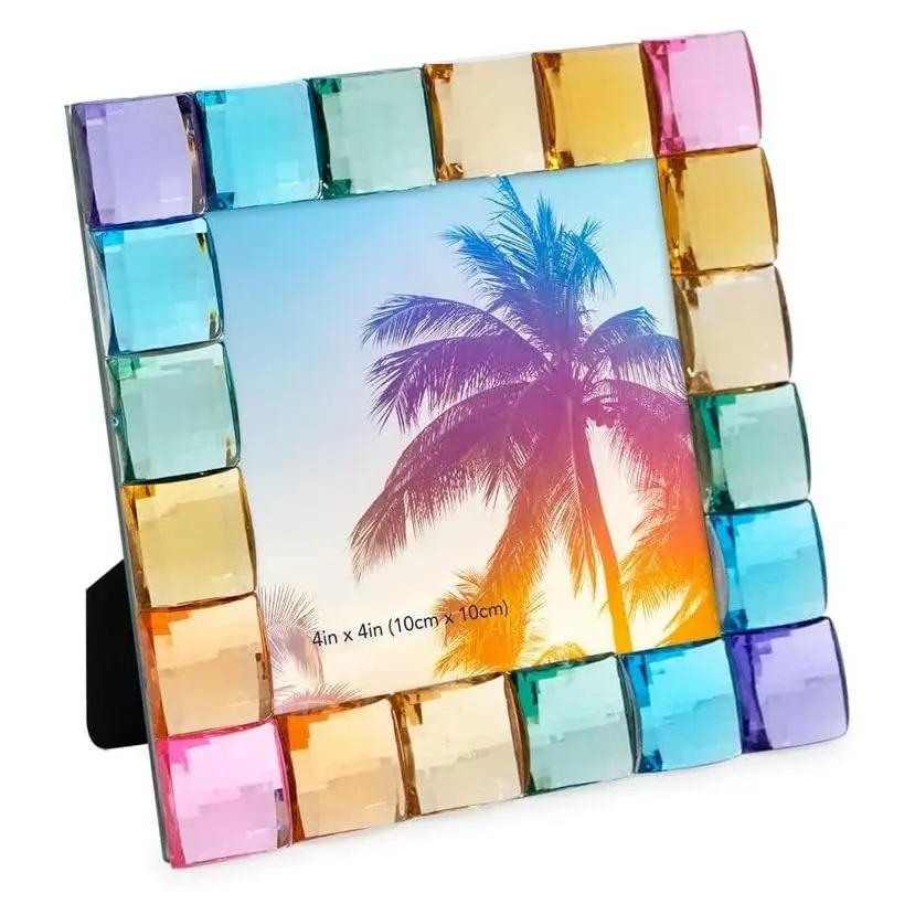 Decorative Sparkling Jewel Picture Frame 4x4 Rainbow, Two-Way Easel for Vertical or Horizontal Display, Photo Display & Home Decor, Does Not Hang on WallGift