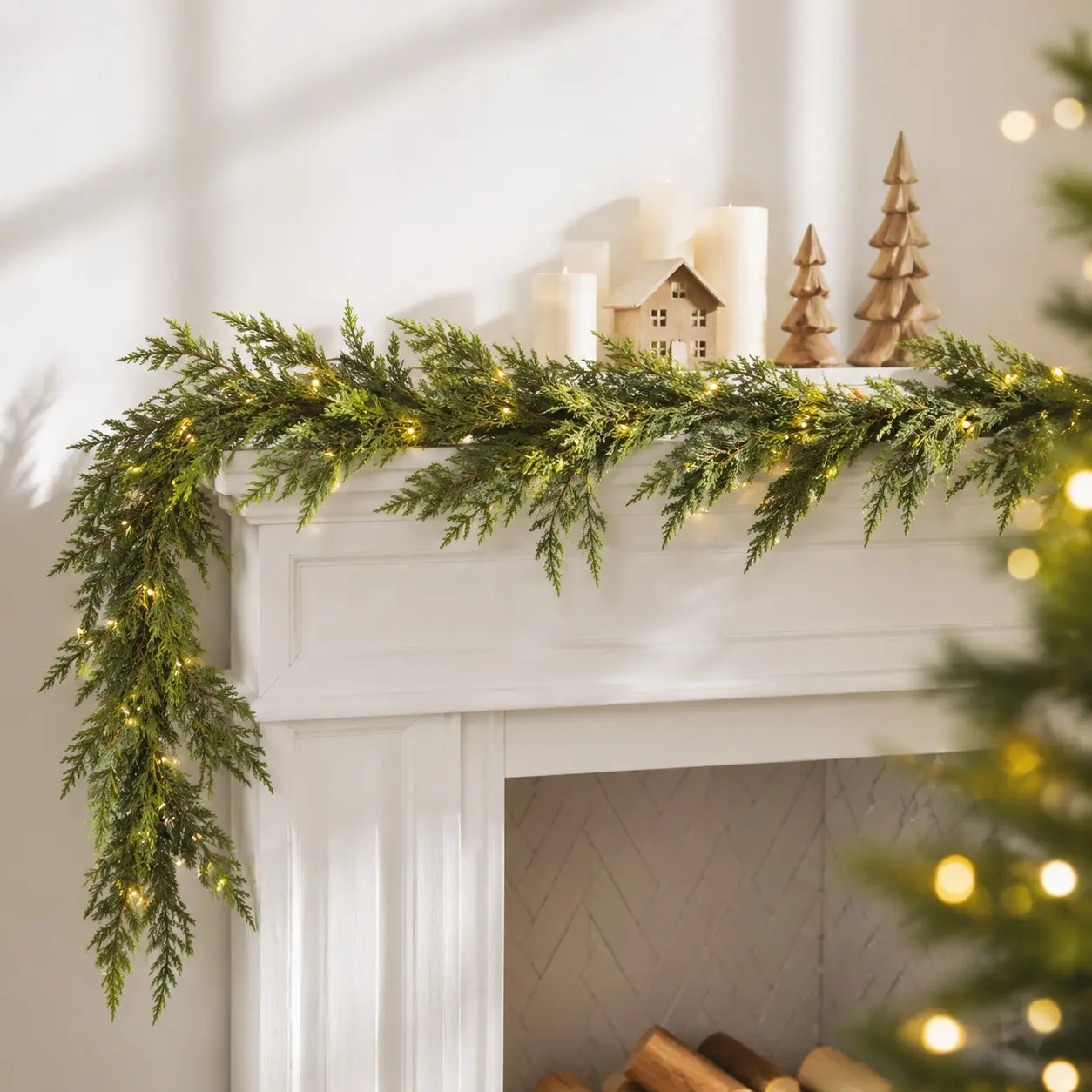 Artificial Cedar Greenery Wreath, Ideal for Fireplace Mantel, Stair Railing, Door Decor, Wedding, Farmhouse Style, Reusable, Fade-Resistant, Decor for Weddings