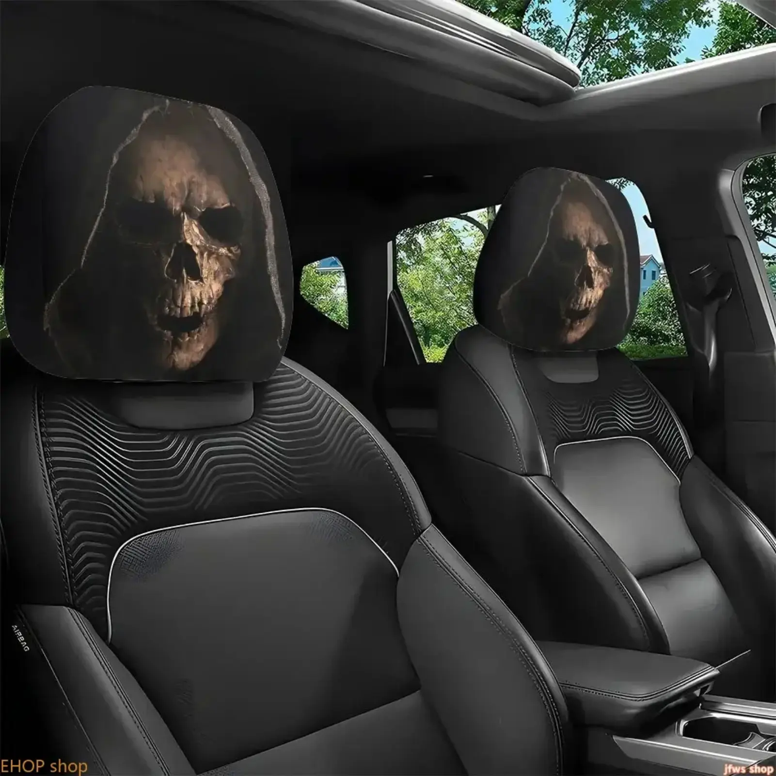 Unisex Dark Skull Print Car Headrest Covers - Cool 2D Double-Sided Auto Headrest Protectors, Universal Size, Universal Fit for Most Vehicles, Stylish Car Interior Decor