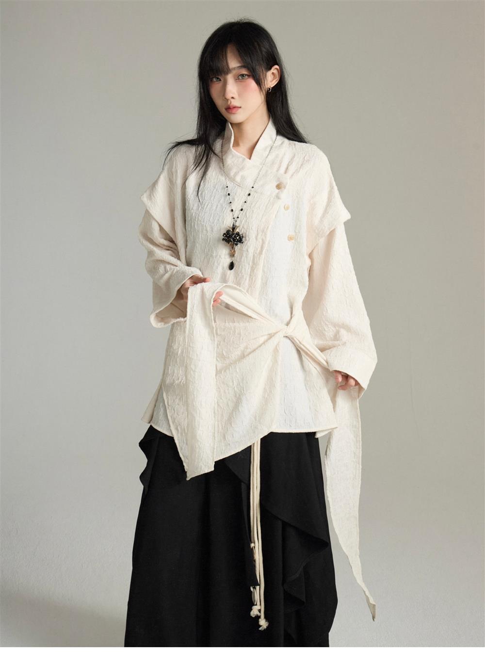 UMI MAO Irregular Lace Up Design Chinese Style Stand Up Collar Shirt Men Women Long Sleeved Shirt Fake Two-piece Top Y2K