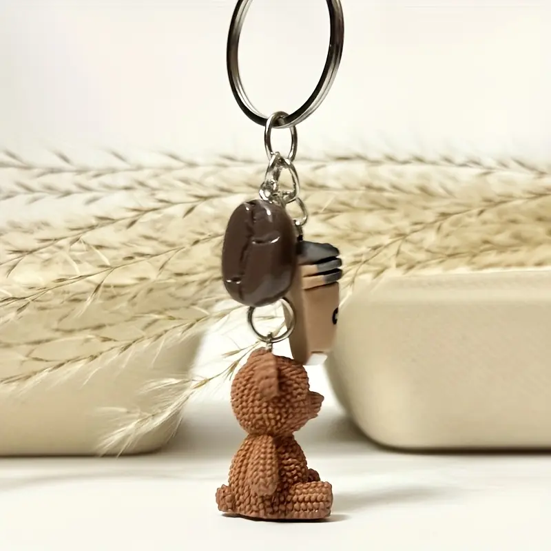 1 Cute Teddy Bear Coffee Charm Keychain - Brown Coffee Bean Color Scheme, with Metal Ring Closure - Birthday, Coffee Lover Gift, Party Favors, Bag and Laptop Decoration - Women's Fashion Accessory, Fun Design, Durable Metal Ring
