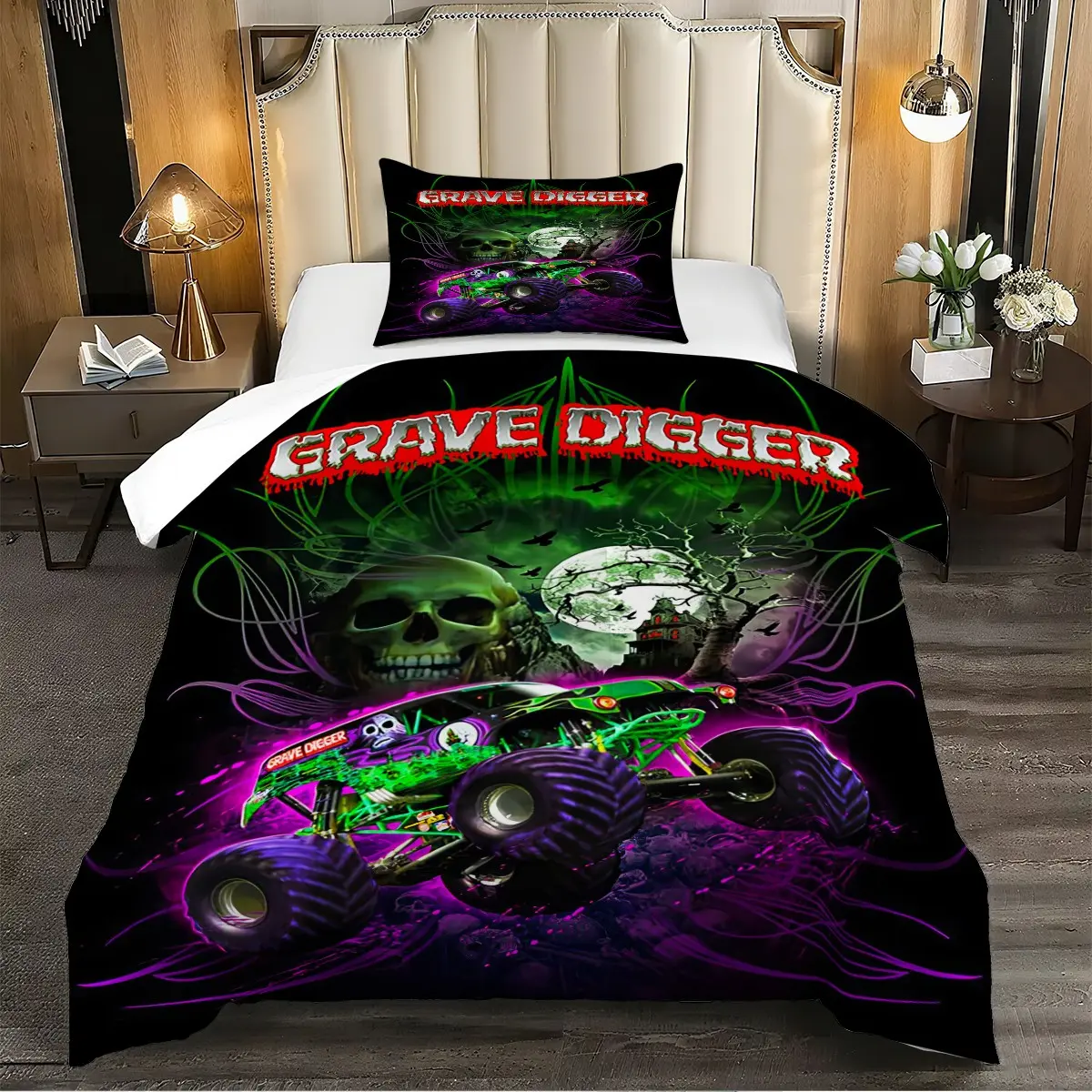 Zombie Monster Truck Bedding Set, Unique Skull Racing Print, Soft Breathable Down Comforter, Kids Teen Bedroom, Gift