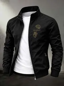 Men's Stand Collar Zip Up Jacket, Brain Heart "BALANCE" Line Art Print Casual Windbreaker, Lightweight Minimalist Daily Outdoor Streetwear Coat #BalancePrintJacket #MinimalistOuterwear #ZipUpWindbreaker #GraphicJacketStyle #TikTokMadeMeBuyIt