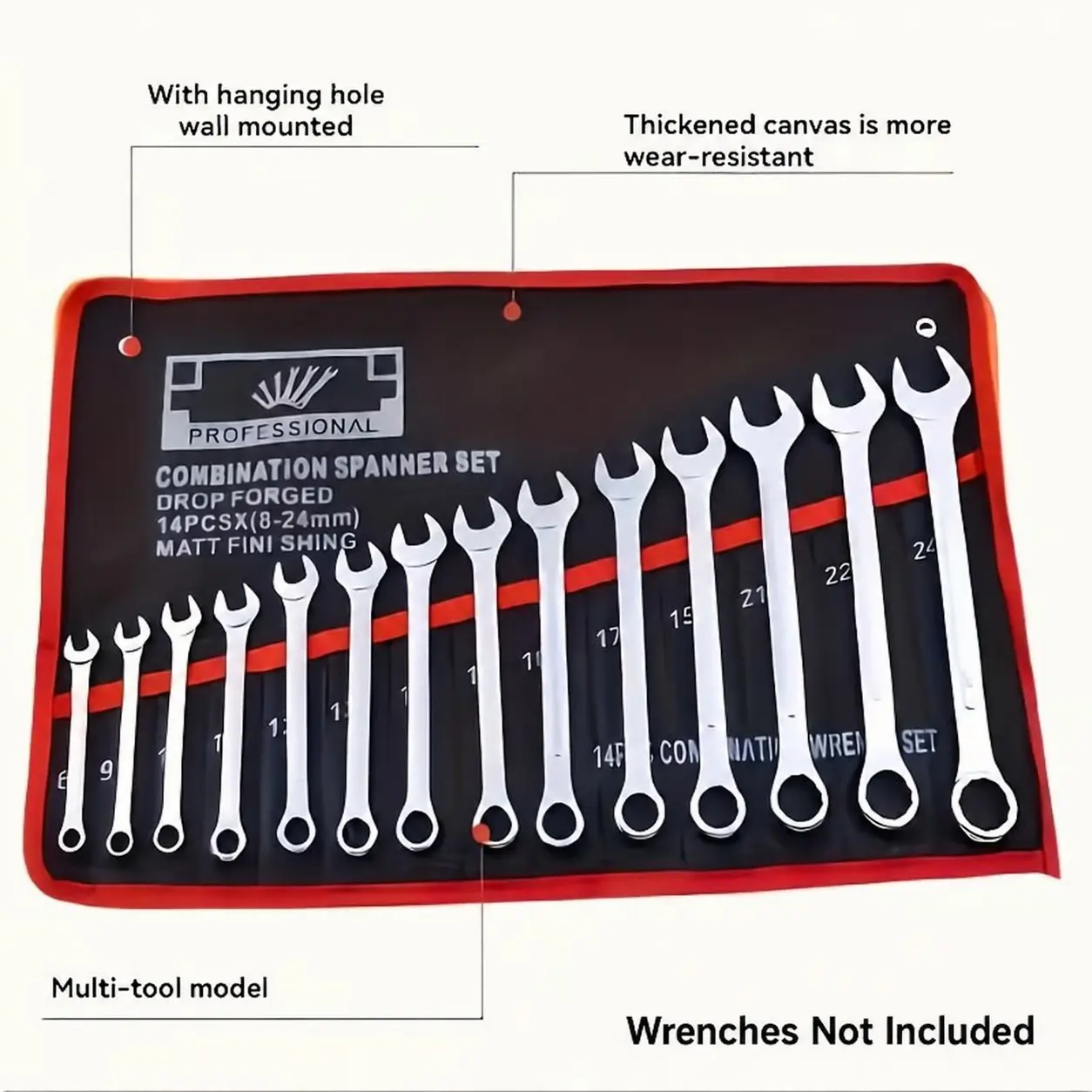Cloth tool storage roll bag, wrench storage bag with 14 convenient tool pockets, durable tool roll bag, suitable for wrenches, garage, basement tool storage, portable handle and heavy-duty hanging function, designed for craftsmen (tools not included).