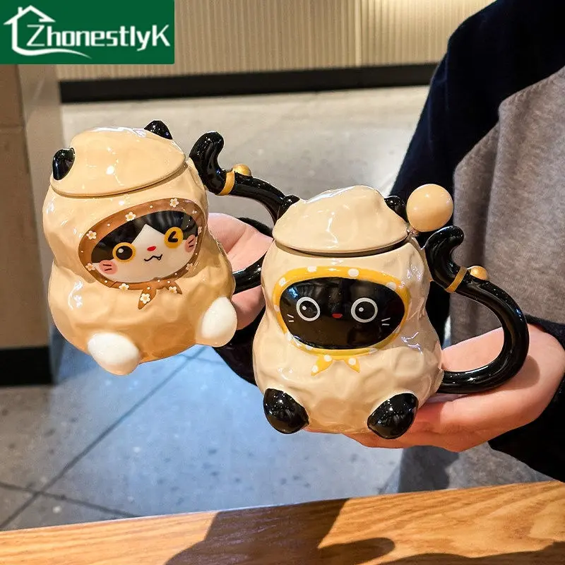 Cute Cat Ceramic Mug with Lid and Spoon Creative 3D Kitten Coffee Cup Cartoon Animal Tea Cup for Girls Kids Birthday Gift