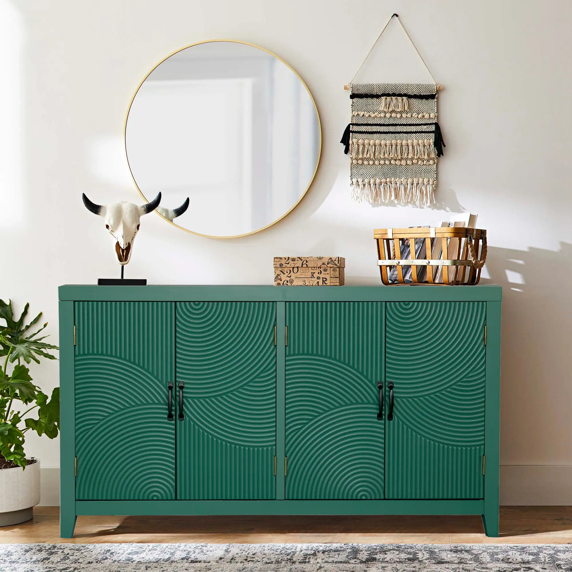 Nokaa 59-Inch Dark Green Accent Cabinet with 4 Doors, Mid-Century Modern Wood Sideboard Buffet Media Console for Entryway, Living Room, Dining Room, Pantry Storage, Multiple Use Cupboard